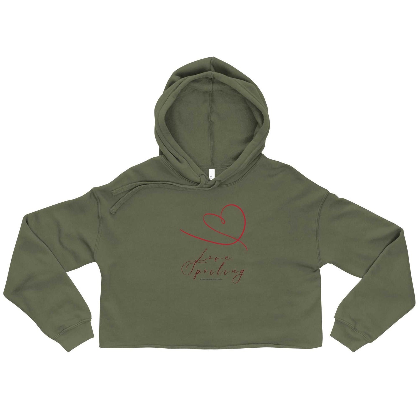 Olive green cropped hoodie with red hand-drawn heart and 'Love Spilling' text, ideal for women's Valentine's apparel.