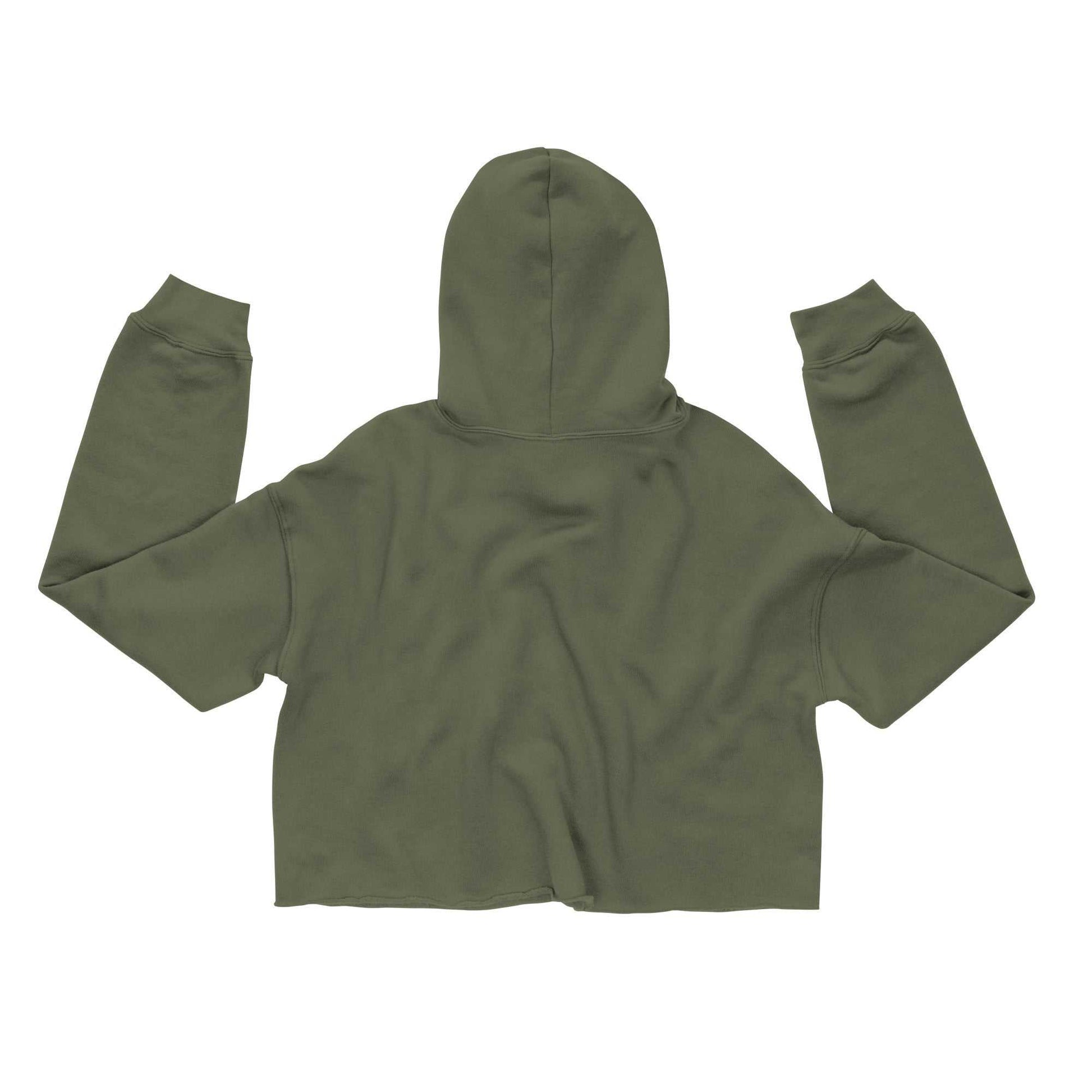 Rear view of olive cropped hoodie, relaxed fit and fleece lining for cozy Valentine's layering.