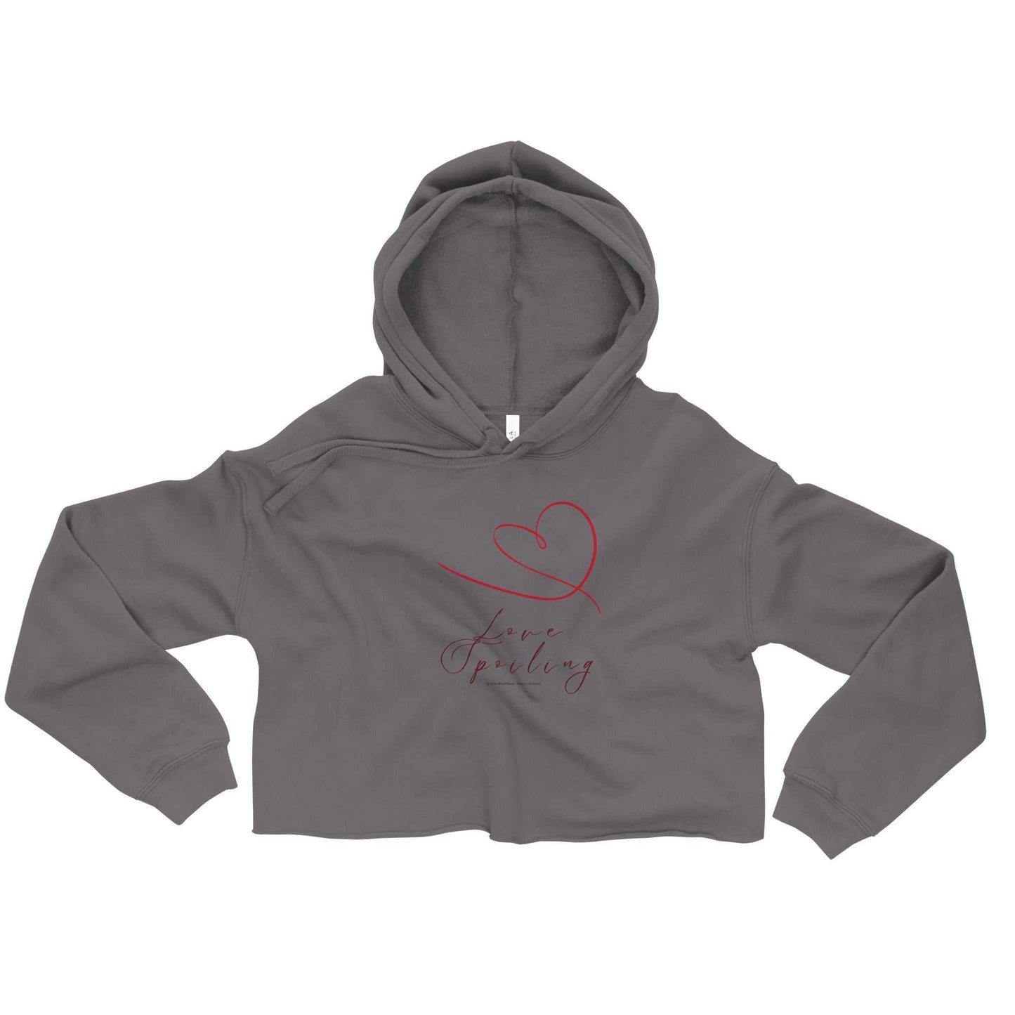 Gray cropped hoodie with red hand-drawn heart and script, stylish Valentine's Day top for women.
