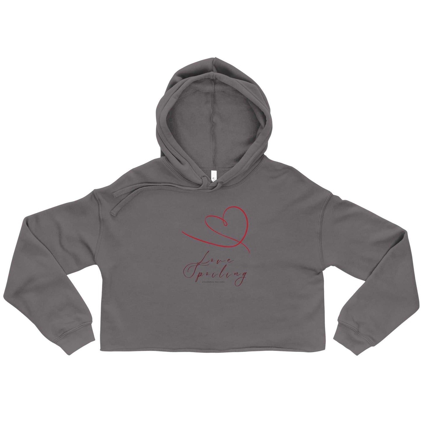 Charcoal gray cropped hoodie featuring red heart and 'Love Spilling' script, trendy Valentine's Day activewear for women.