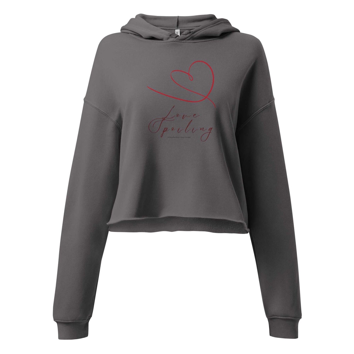 Front view of gray Cropped Hoodie Love Design with red heart and 'Love Spilling' text. Soft cotton blend hoodie for Valentine's fashion.