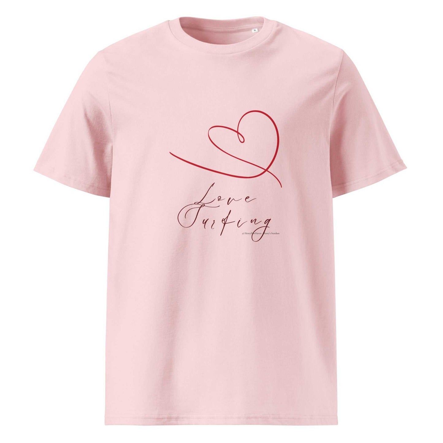 Pink Love Surfing T-Shirt made from organic cotton. Features red heart and cursive text for a romantic, sustainable look.
