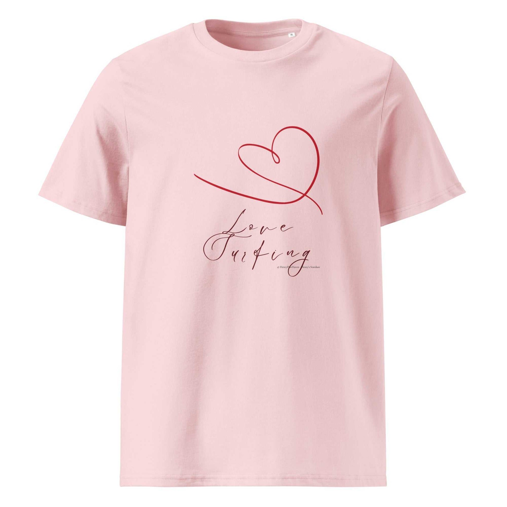 Pink Love Surfing T-Shirt made from organic cotton. Features red heart and cursive text for a romantic, sustainable look.