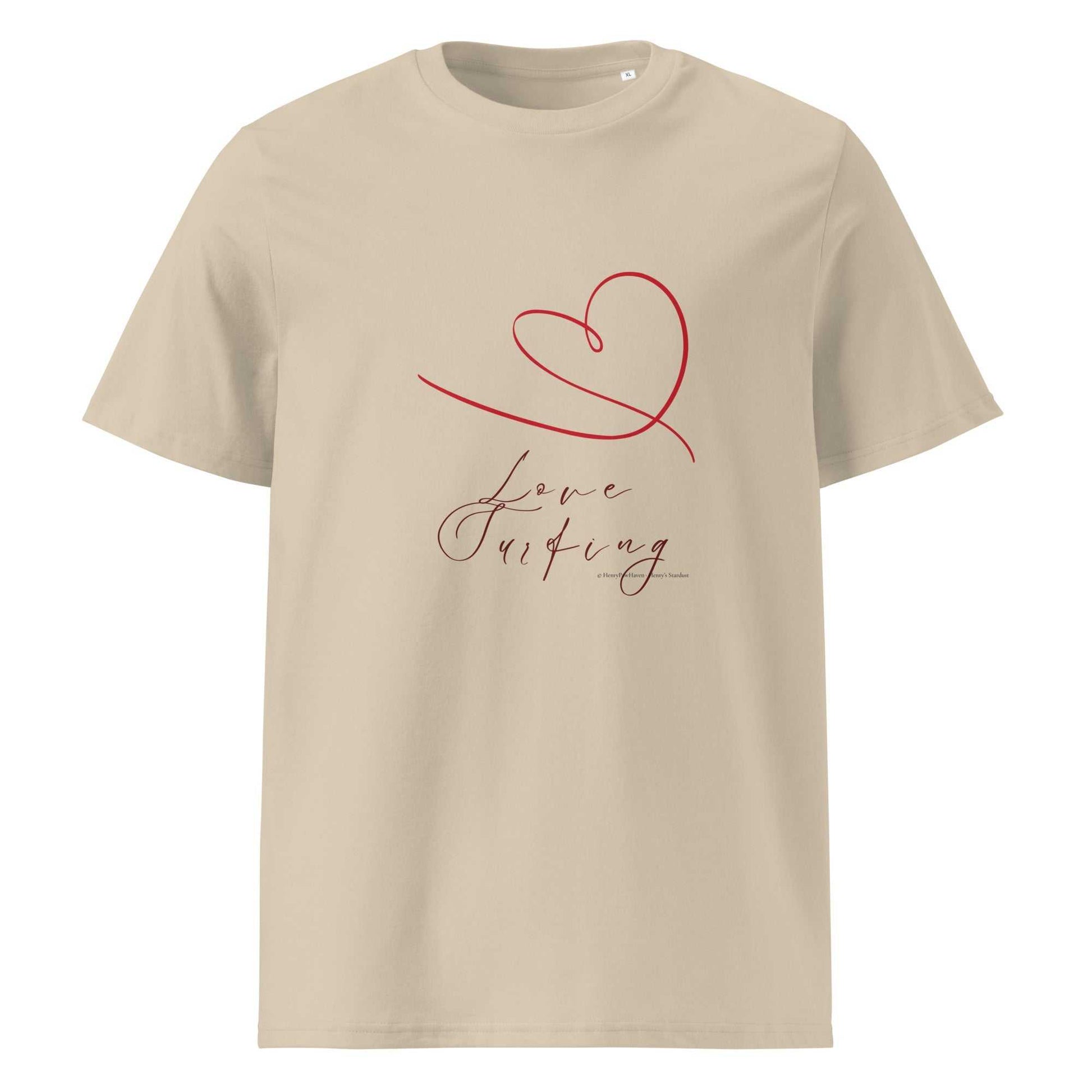 Beige Love Surfing T-Shirt in organic cotton with red heart and script. Eco-friendly fashion perfect for casual wear.