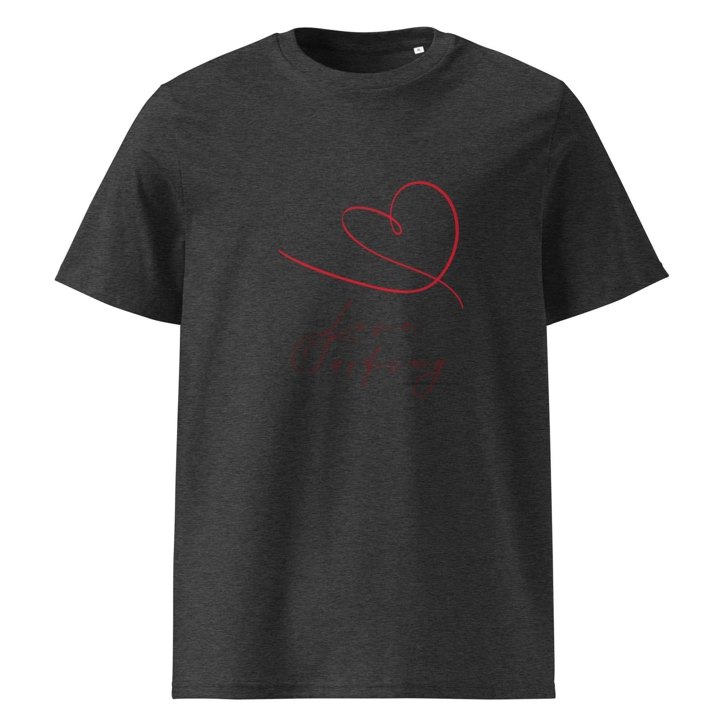 Dark heather grey Love Surfing T-Shirt in organic cotton. Eco-friendly tee with red heart and cursive lettering.