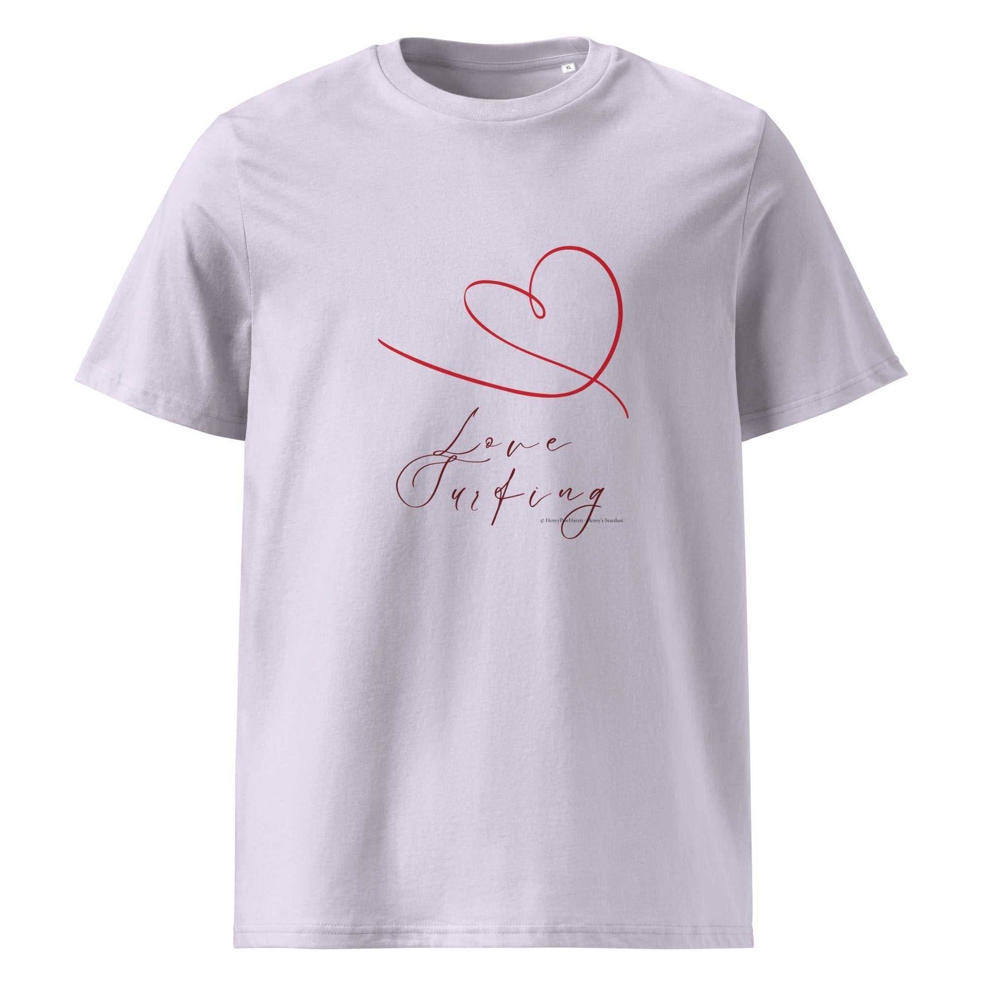 Lavender Love Surfing T-Shirt in organic cotton with red heart and script. Ethical apparel for eco-conscious fashion lovers.