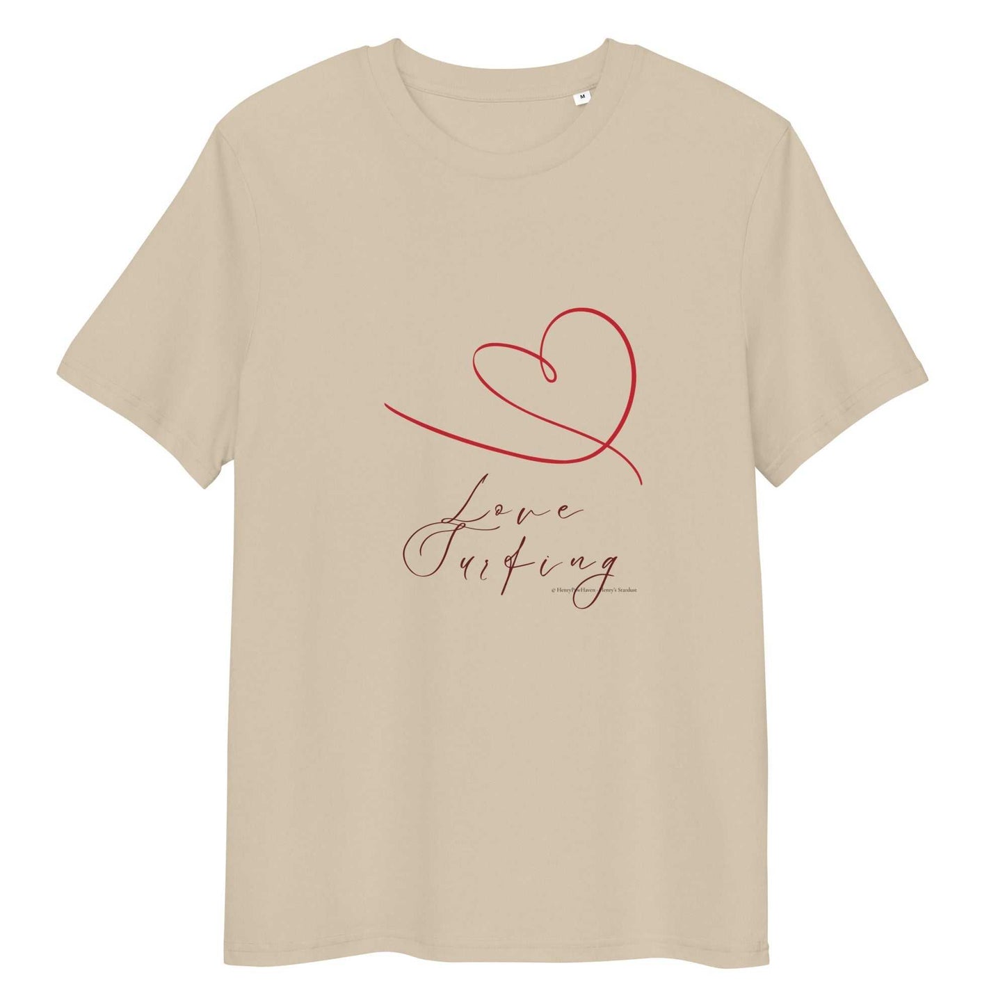 Sand-colored Love Surfing T-Shirt crafted from organic cotton. Red heart and cursive design for sustainable activewear.