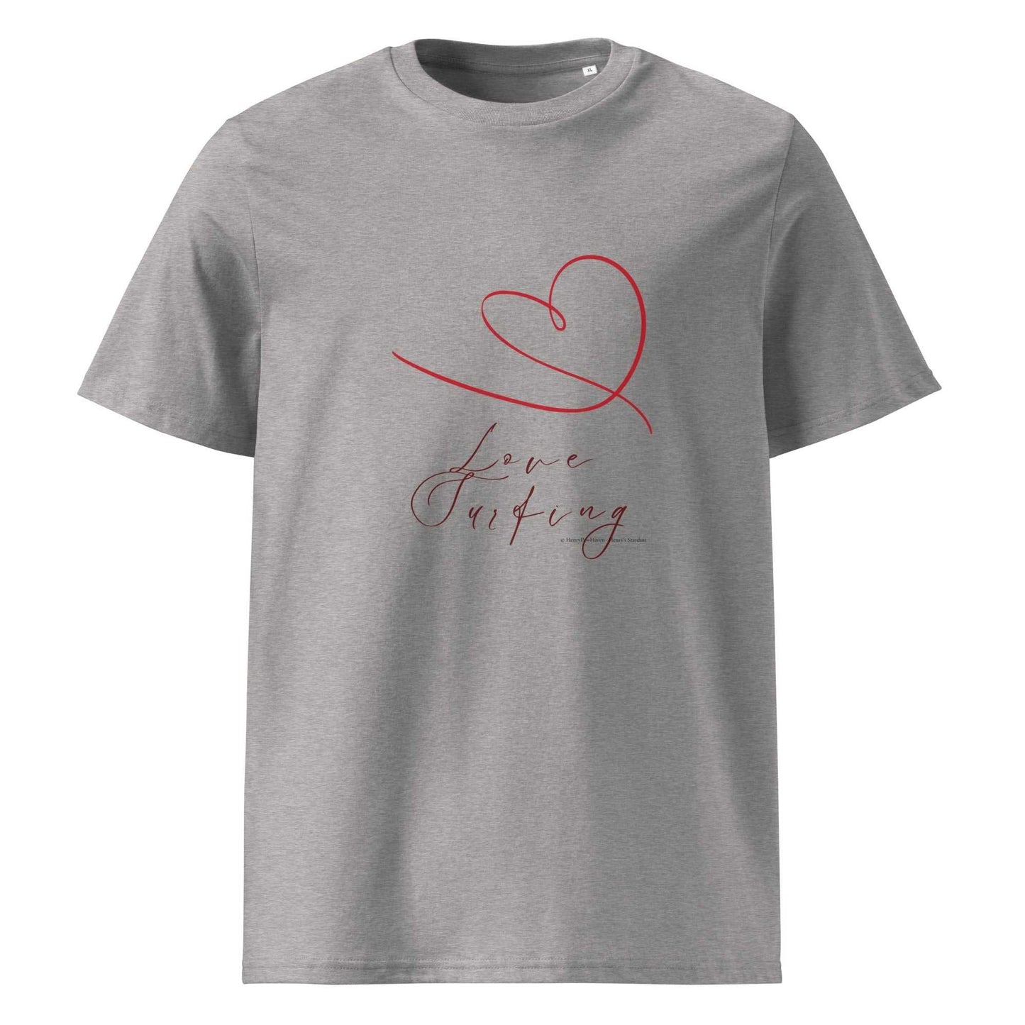 Light grey Love Surfing T-Shirt with red heart and cursive text. Organic cotton tee ideal for ethical apparel collections.