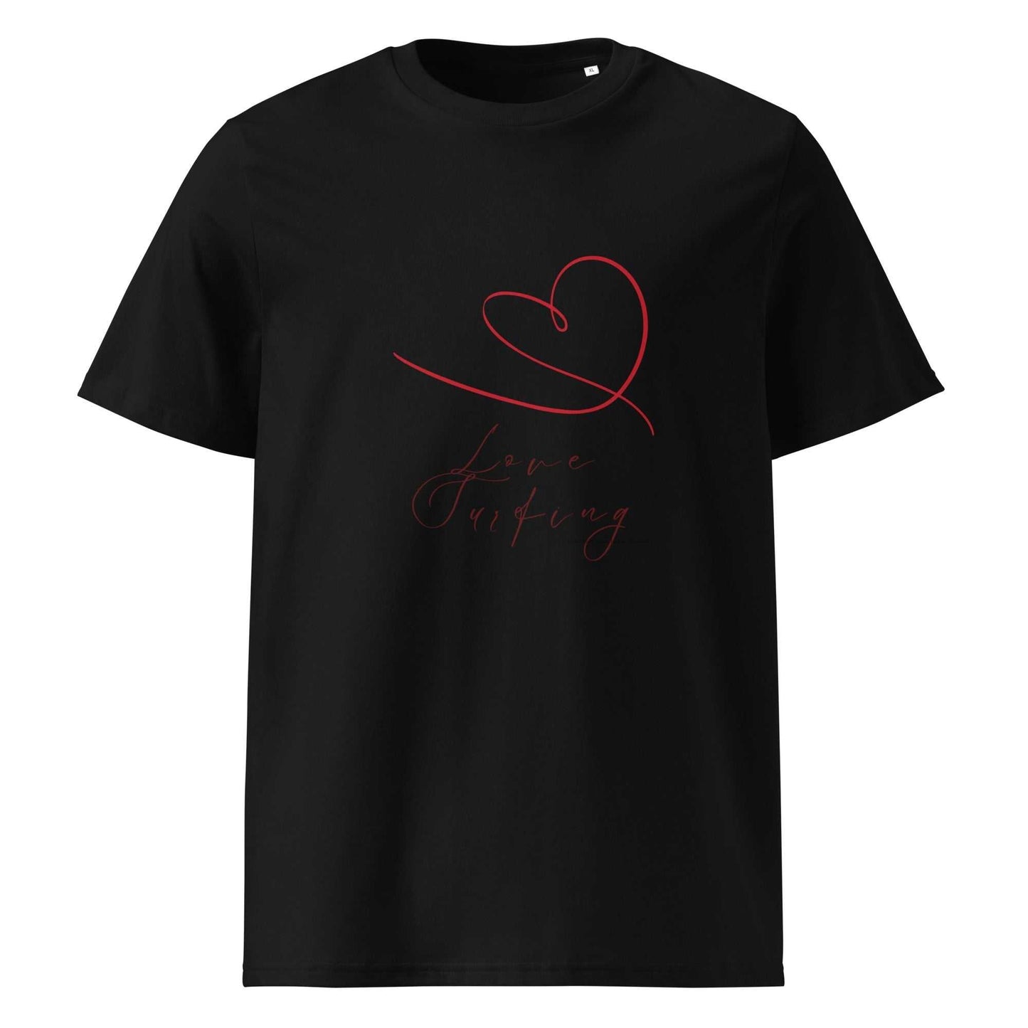 Black Love Surfing T-Shirt with red heart and elegant script. Organic cotton tee for eco-conscious activewear lovers.