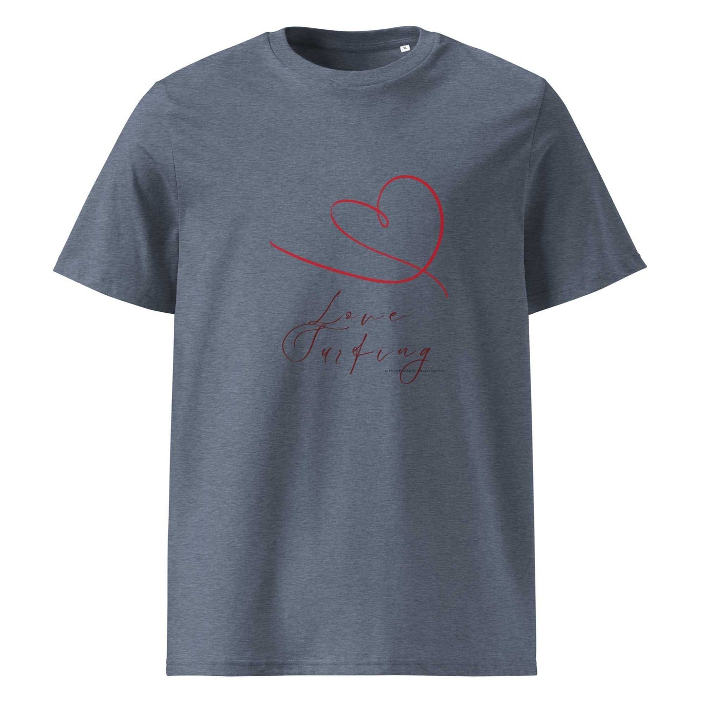 Heather blue Love Surfing T-Shirt crafted from organic cotton. Features red heart and elegant script for sustainable style.
