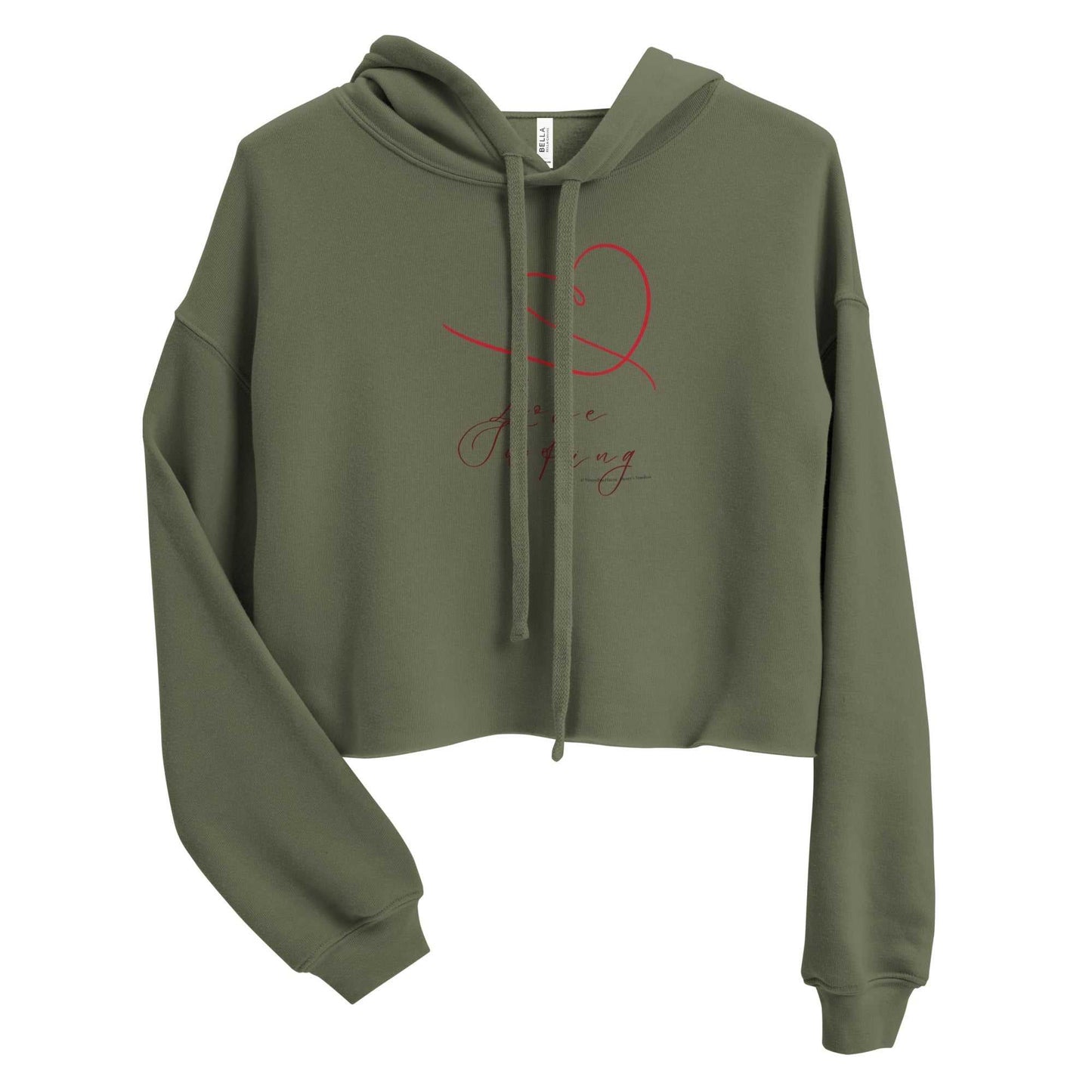 Eco-friendly Love Surfing Women's Cropped Hoodie in olive green, featuring a red heart graphic and lightweight fabric.