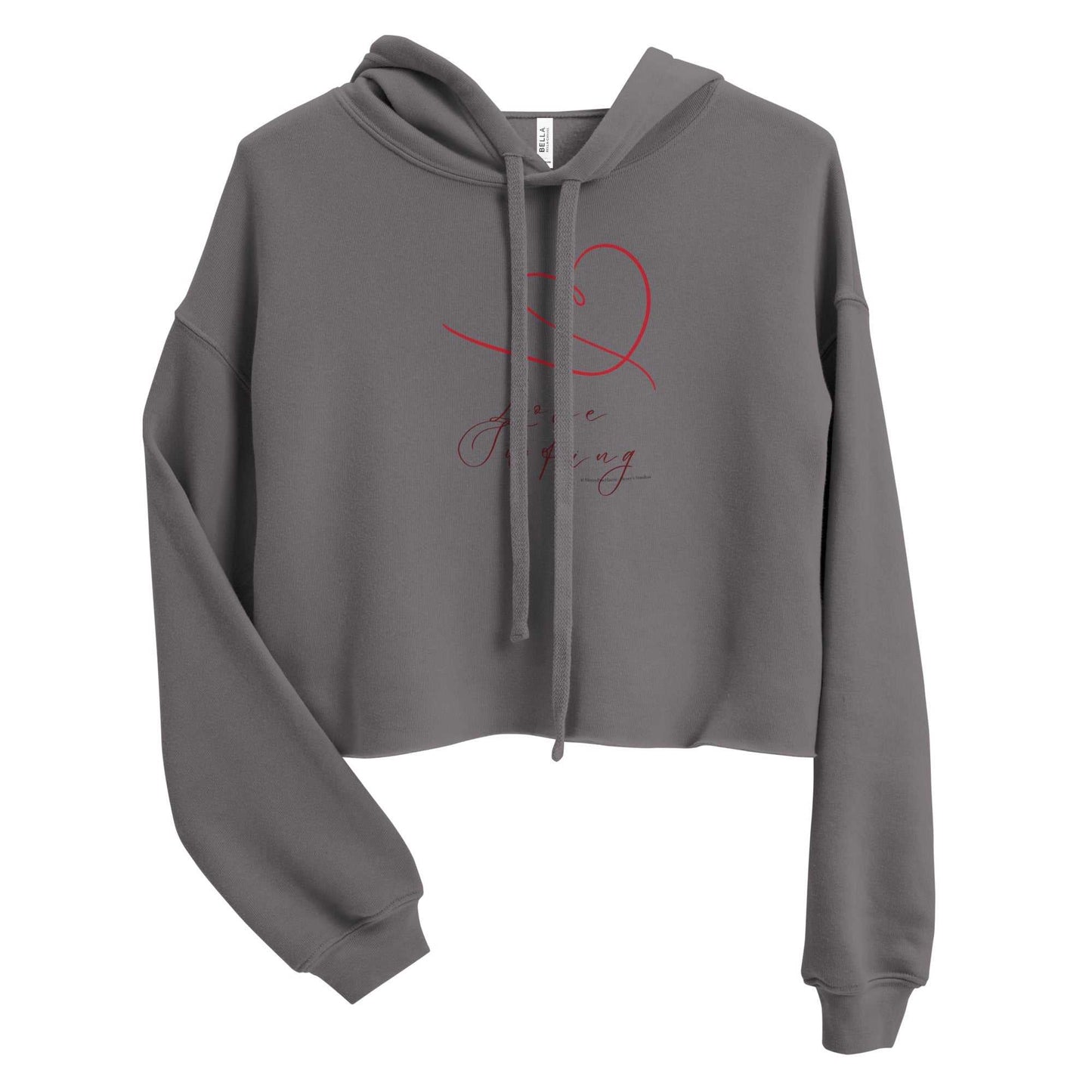 Gray Love Surfing Women's Cropped Hoodie with red heart detail, sustainable cropped activewear for stylish everyday outfits.