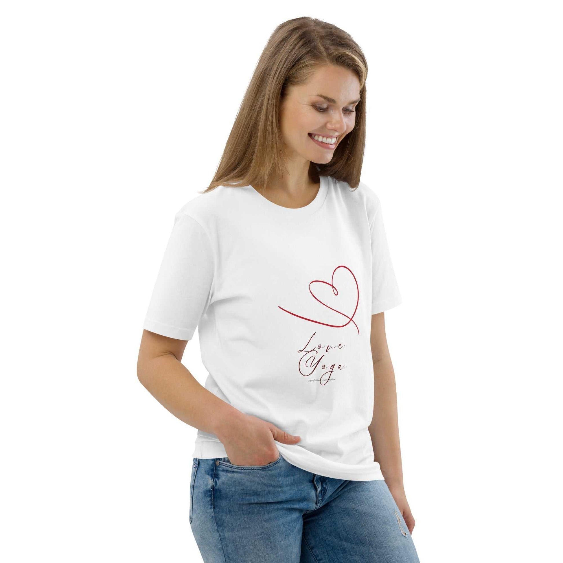 Love Yoga Organic Cotton T-Shirt in white with minimalist red heart design. Eco-conscious yoga apparel for a mindful lifestyle.