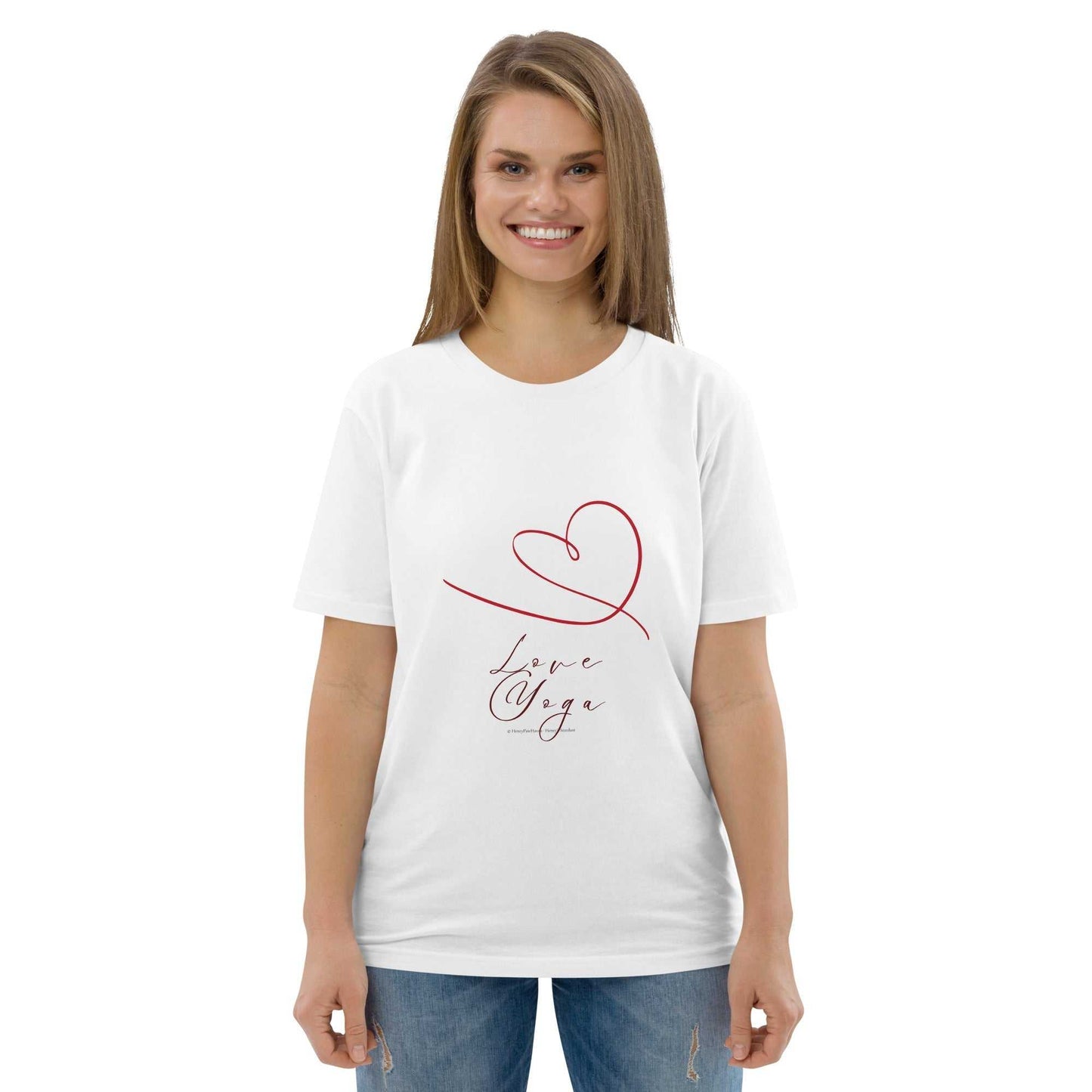 White Love Yoga Organic Cotton T-Shirt with red heart and script, GOTS certified activewear for yoga enthusiasts.