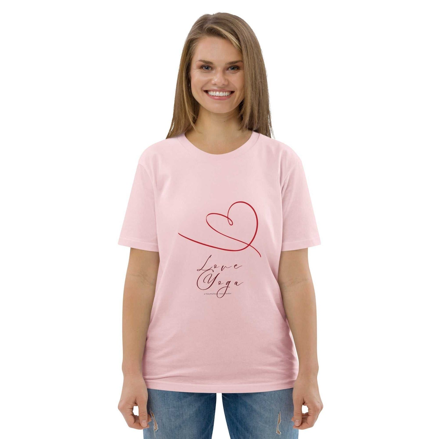 Pink Love Yoga Organic Cotton T-Shirt with red heart design, GOTS certified eco-friendly yoga top for women.