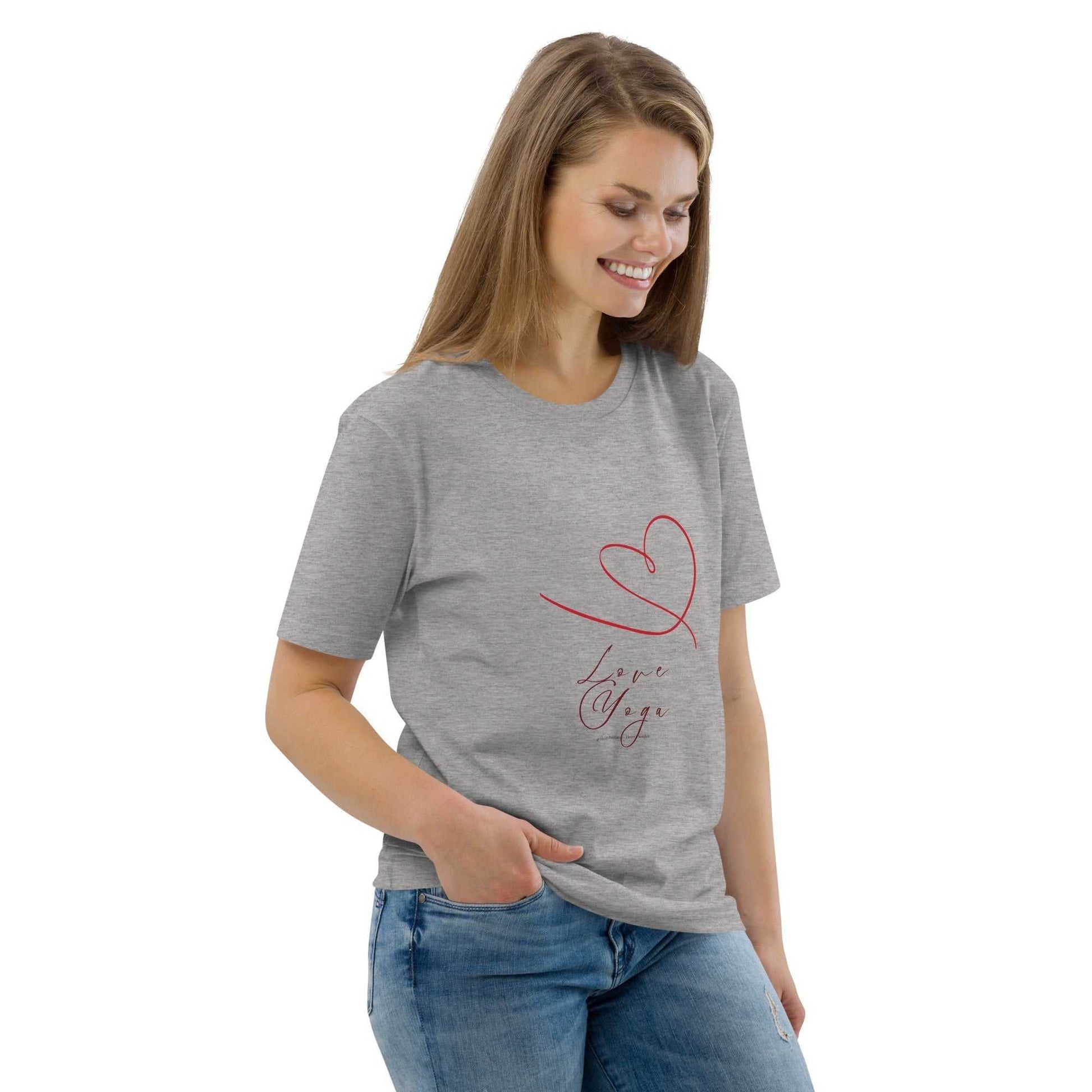 Love Yoga Organic Cotton T-Shirt in heather gray with red heart and script. Sustainable yoga clothing for mindful living.