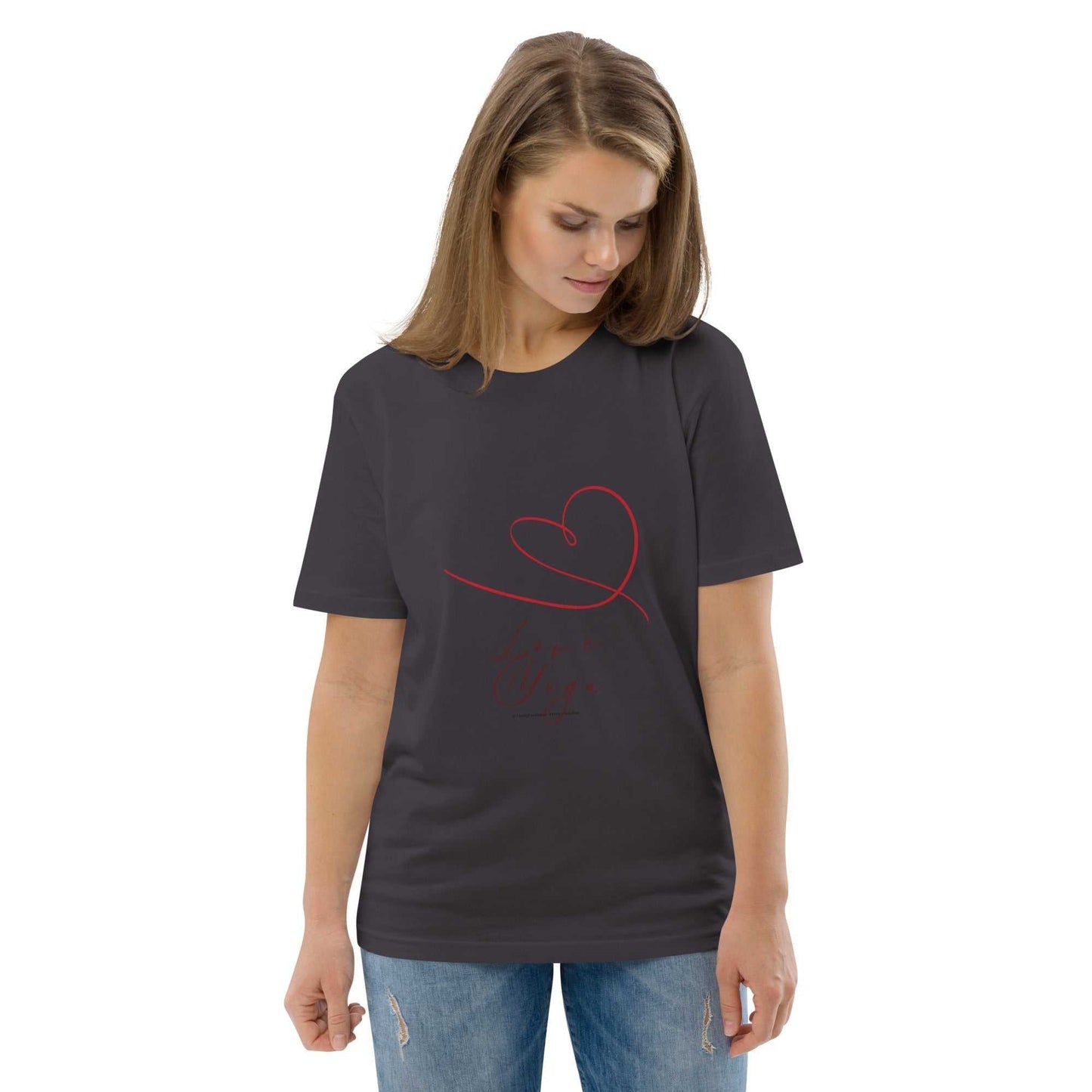 Dark gray Love Yoga Organic Cotton T-Shirt side view with red heart and script, eco-conscious yoga clothing.