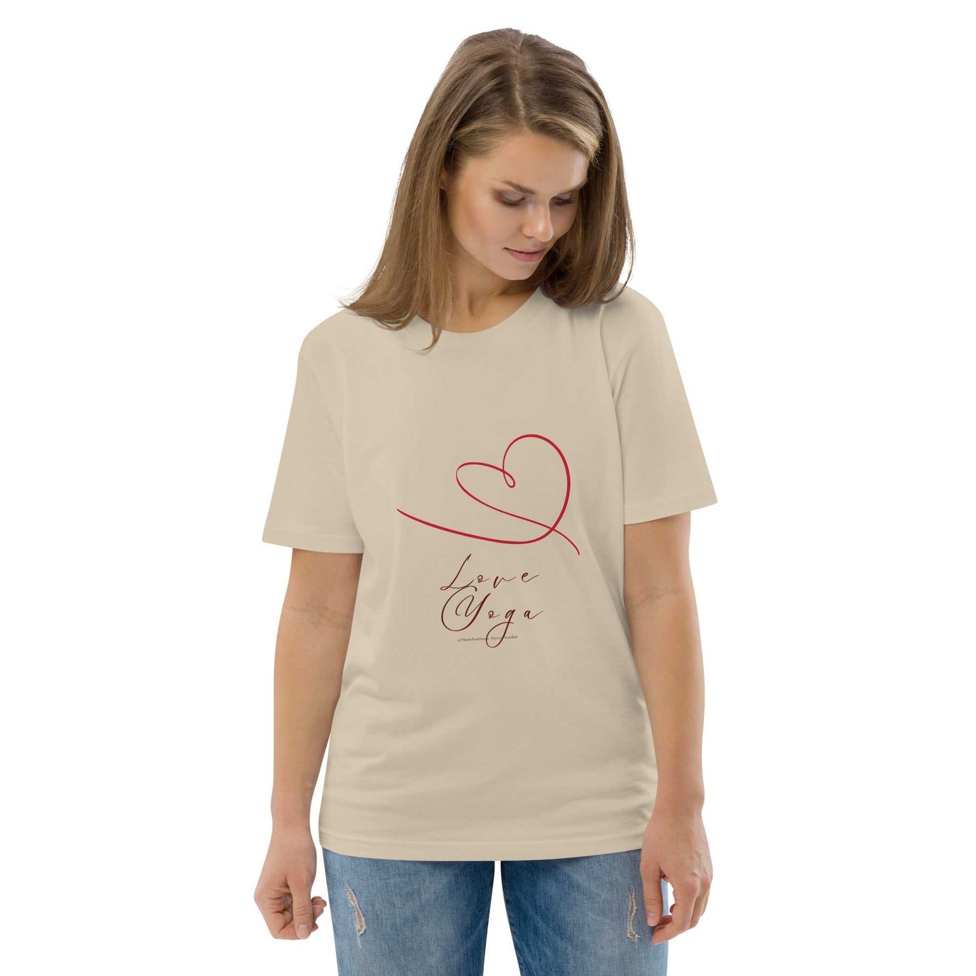 Love Yoga Organic Cotton T-Shirt in beige featuring minimalist red heart print. Eco-friendly and perfect for yoga or casual wear.