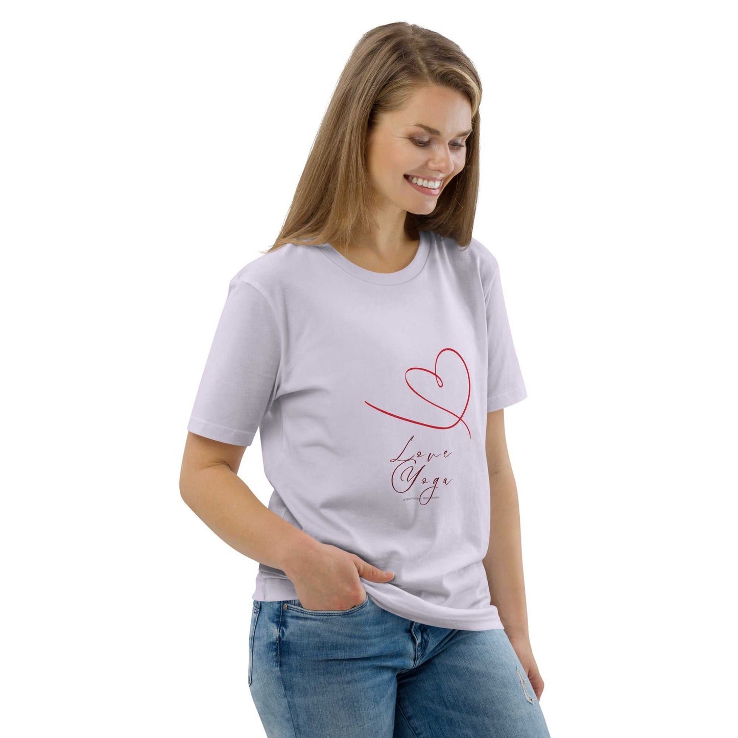 Love Yoga Organic Cotton T-Shirt in lavender with red heart and script. Ethical yoga top crafted from GOTS certified cotton.