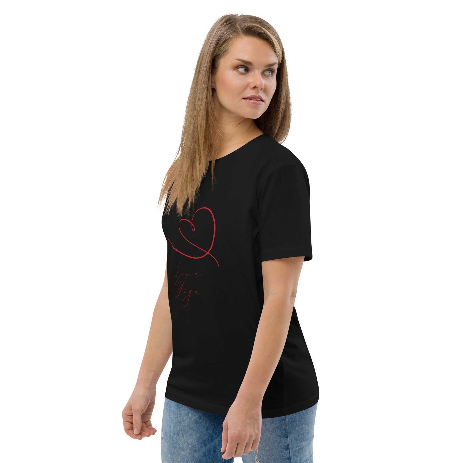 Love Yoga Organic Cotton T-Shirt in black with red heart design. Sustainable GOTS certified activewear for mindful yoga practice.