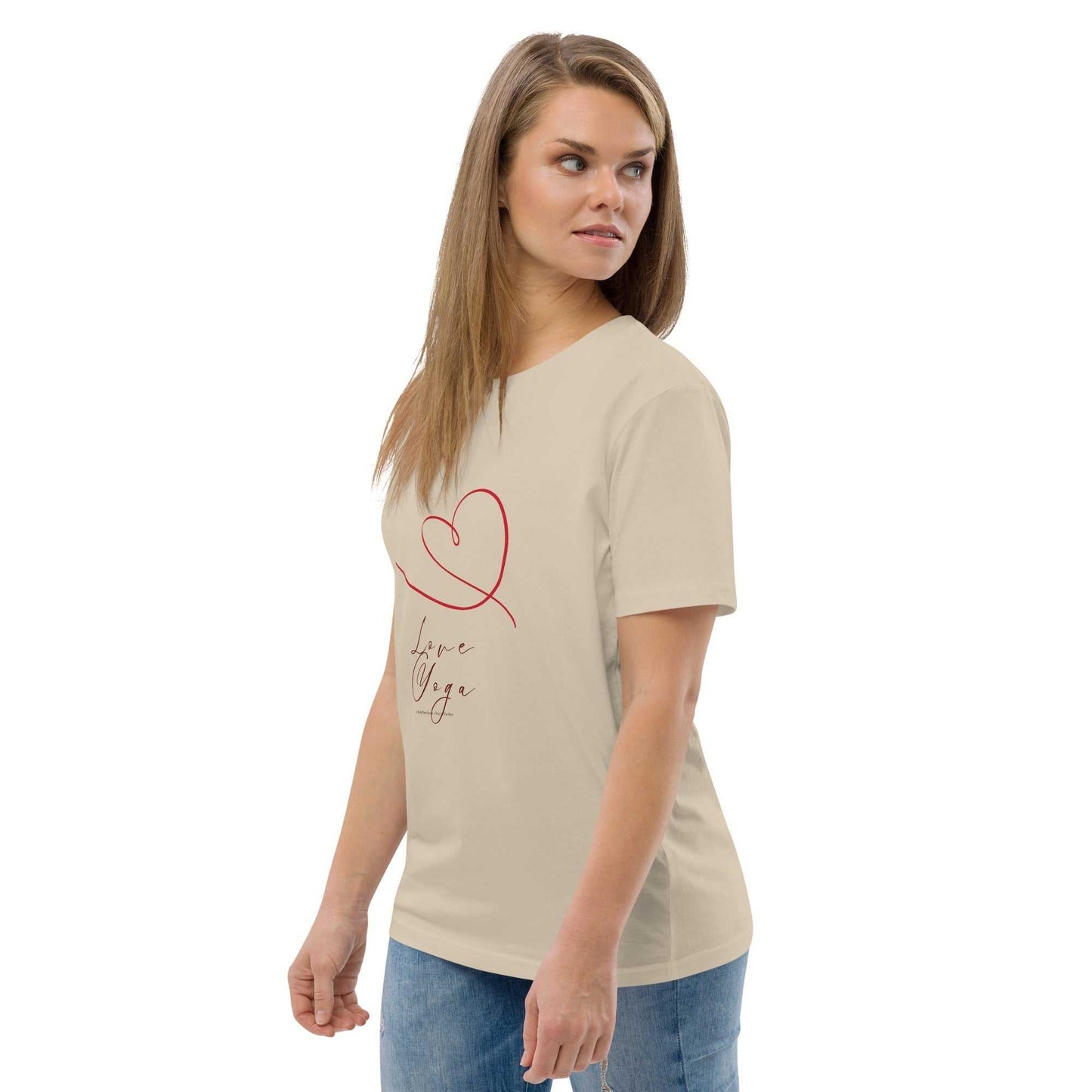 Beige Love Yoga Organic Cotton T-Shirt with red heart design. Eco-friendly yoga tee for sustainable and mindful lifestyles.
