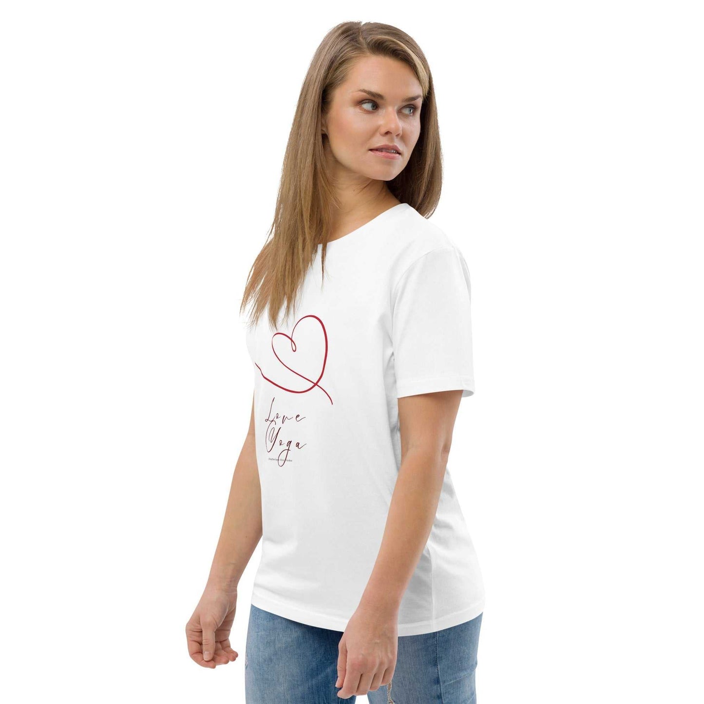 Classic white Love Yoga Organic Cotton T-Shirt with red heart design. Sustainable GOTS certified yoga clothing for women.