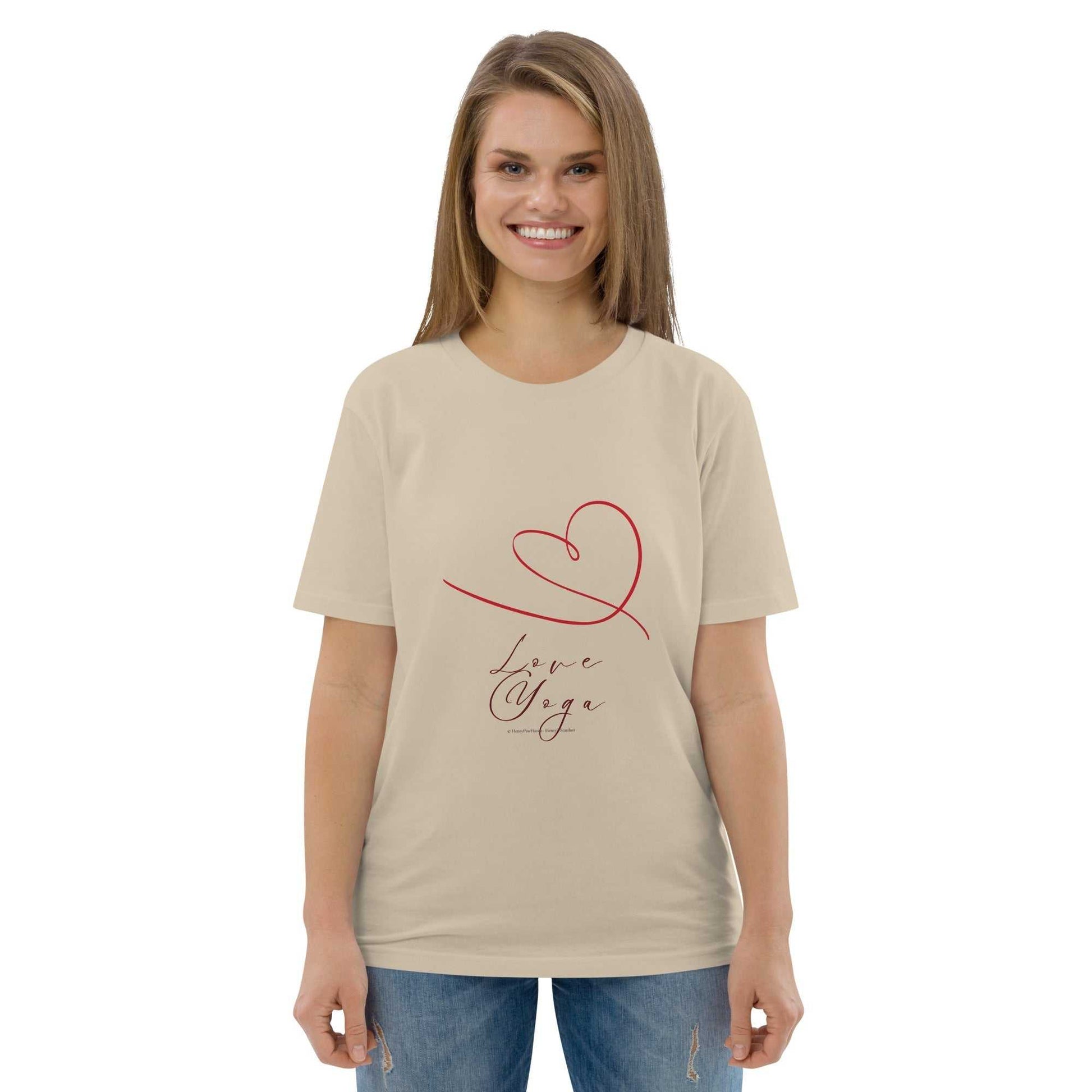 Love Yoga Organic Cotton T-Shirt in beige with red heart design, GOTS certified sustainable activewear for yoga lovers.
