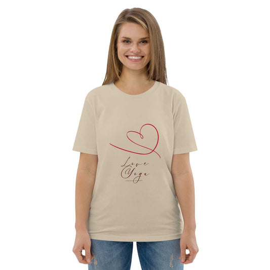 Love Yoga Organic Cotton T-Shirt in beige with red heart design, GOTS certified sustainable activewear for yoga lovers.