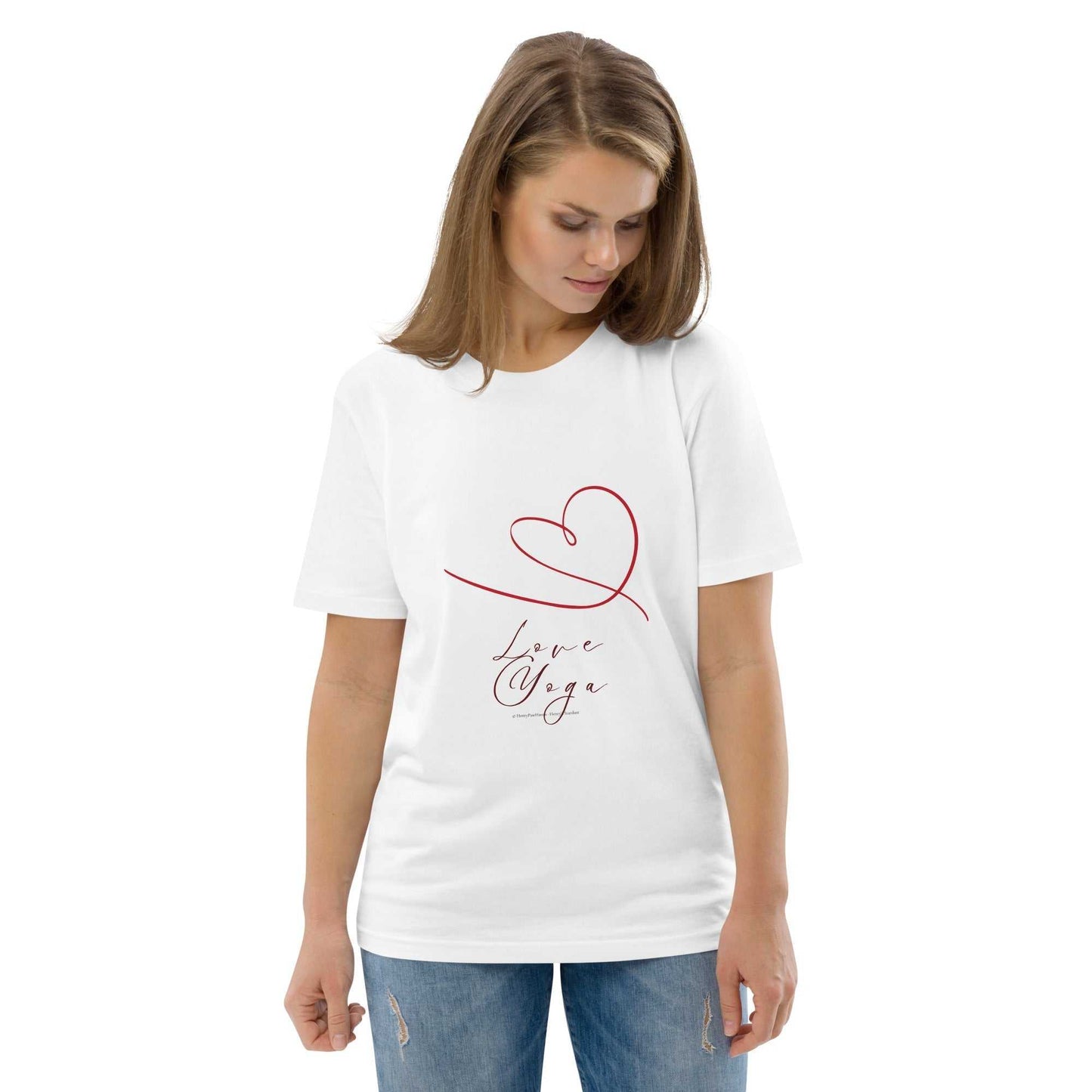 Love Yoga Organic Cotton T-Shirt in white with red heart and calligraphy. GOTS certified sustainable yoga top for everyday wear.