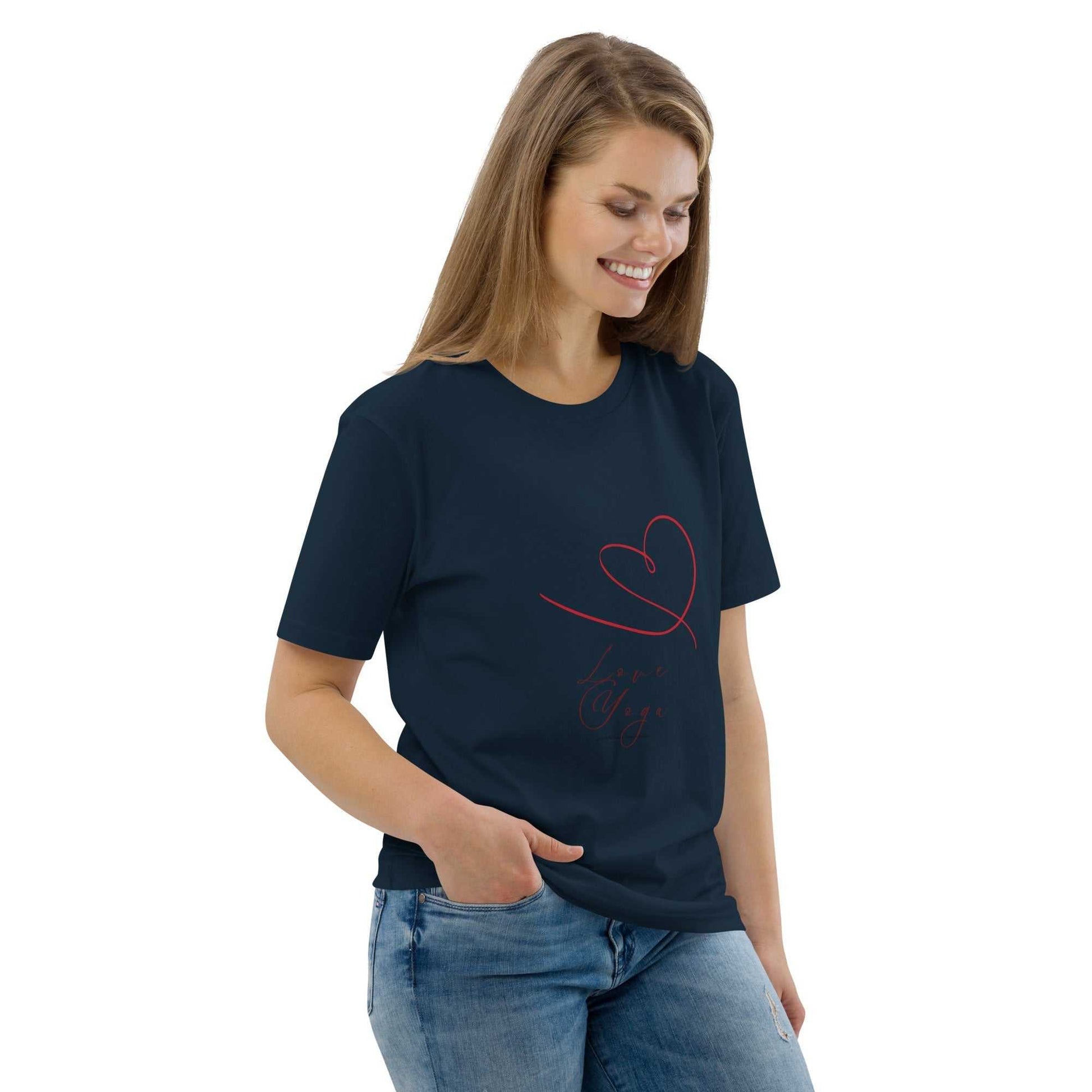 Love Yoga Organic Cotton T-Shirt in navy blue with red heart artwork. Sustainable yoga fashion made from GOTS certified cotton.