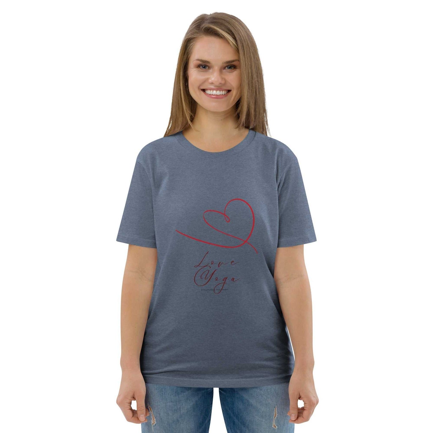 Heather blue Love Yoga Organic Cotton T-Shirt with red heart design, soft eco-friendly yoga wear for mindful living.