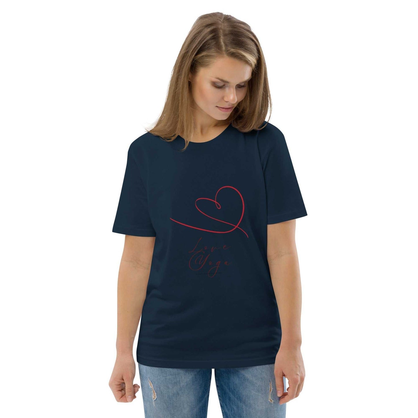 Navy Love Yoga Organic Cotton T-Shirt side view with red heart print, eco-friendly yoga top for mindful movement.