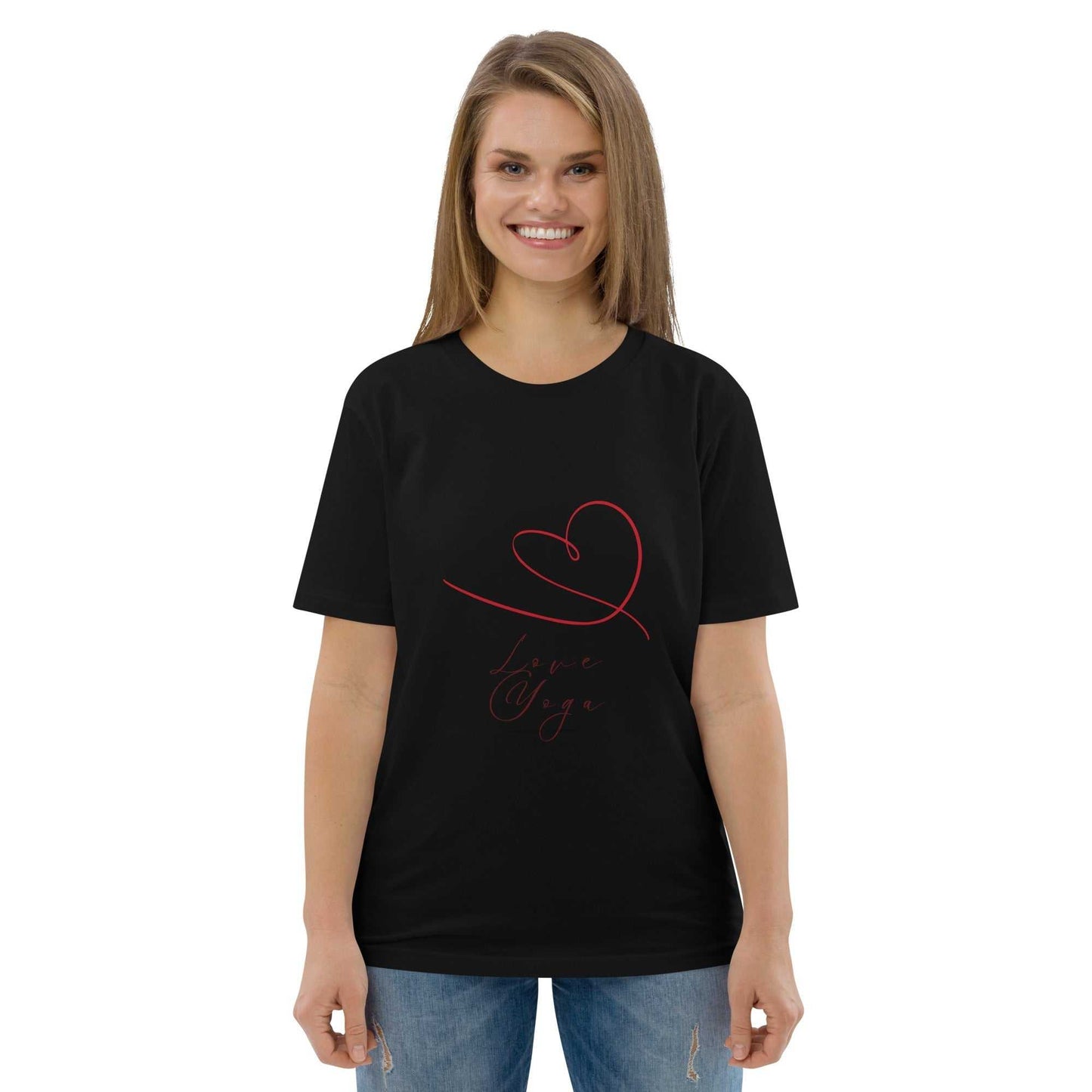 Black Love Yoga Organic Cotton T-Shirt featuring red heart and script, eco-friendly and perfect for mindful yoga practice.
