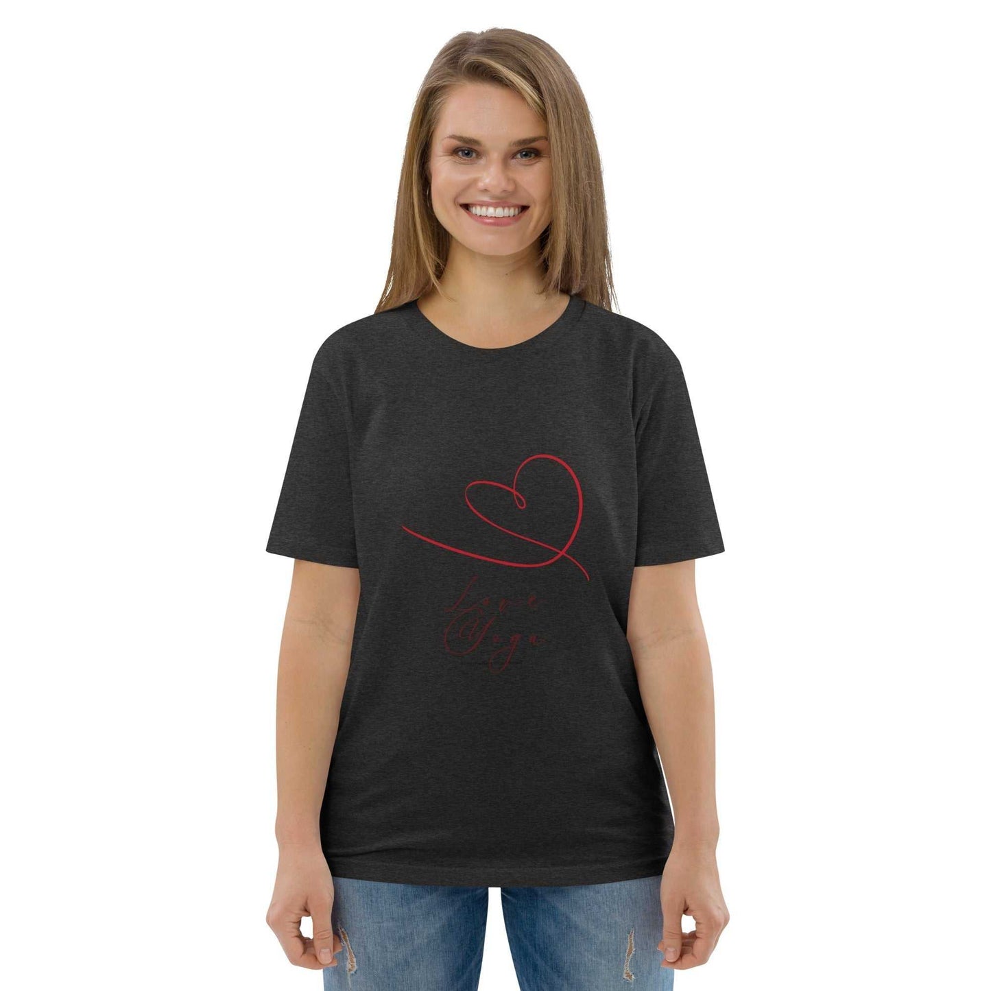 Charcoal Love Yoga Organic Cotton T-Shirt with minimalist red heart print, eco-conscious yoga top for everyday wear.