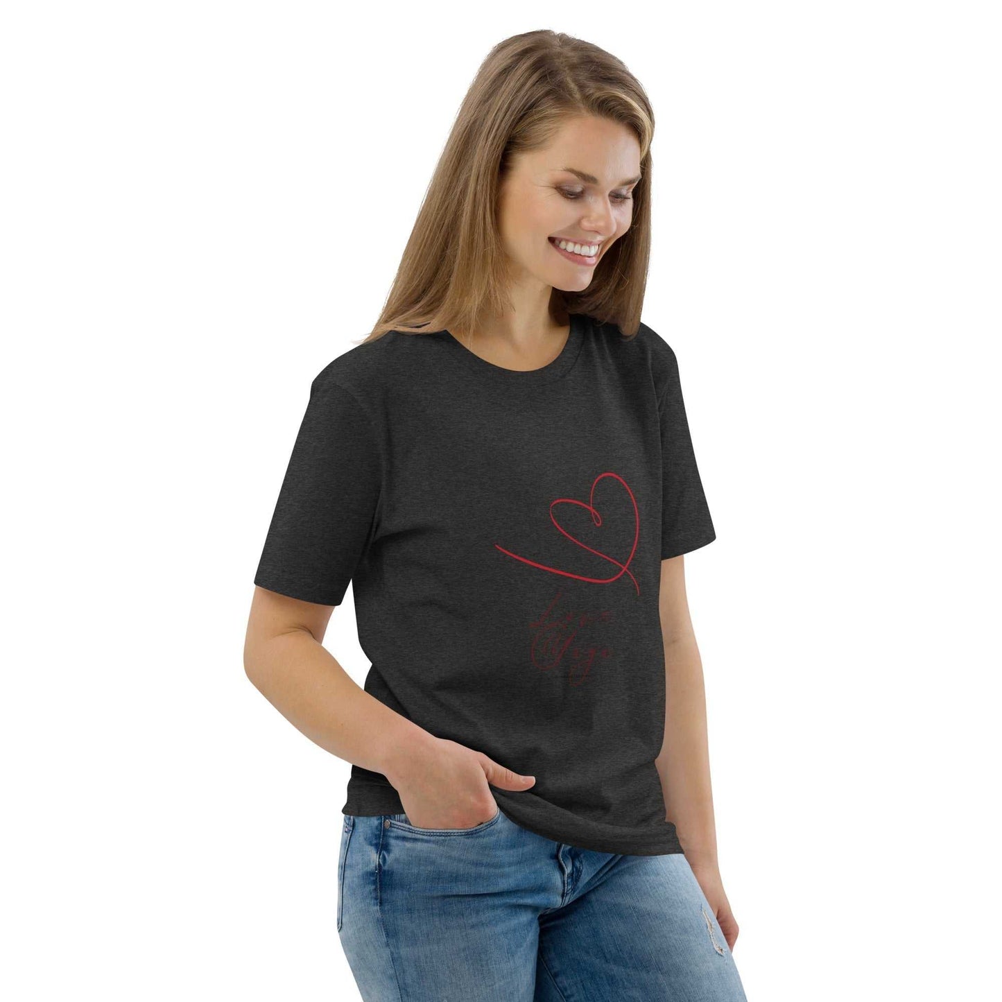 Love Yoga Organic Cotton T-Shirt in dark heather gray with red heart print. Eco-friendly yoga wear for conscious consumers.