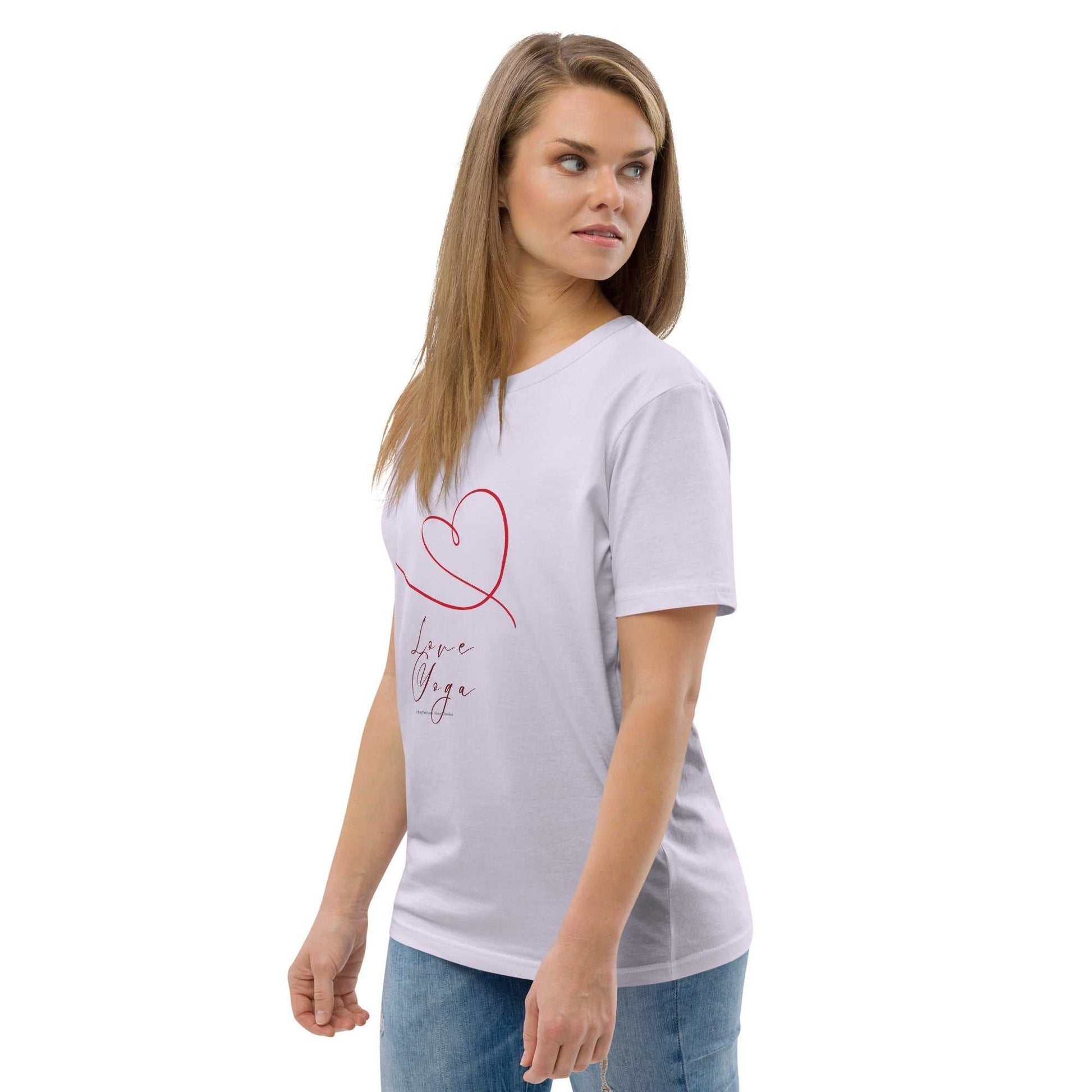 White Love Yoga Organic Cotton T-Shirt with red heart and script. Organic and ethical yoga apparel for wellness enthusiasts.