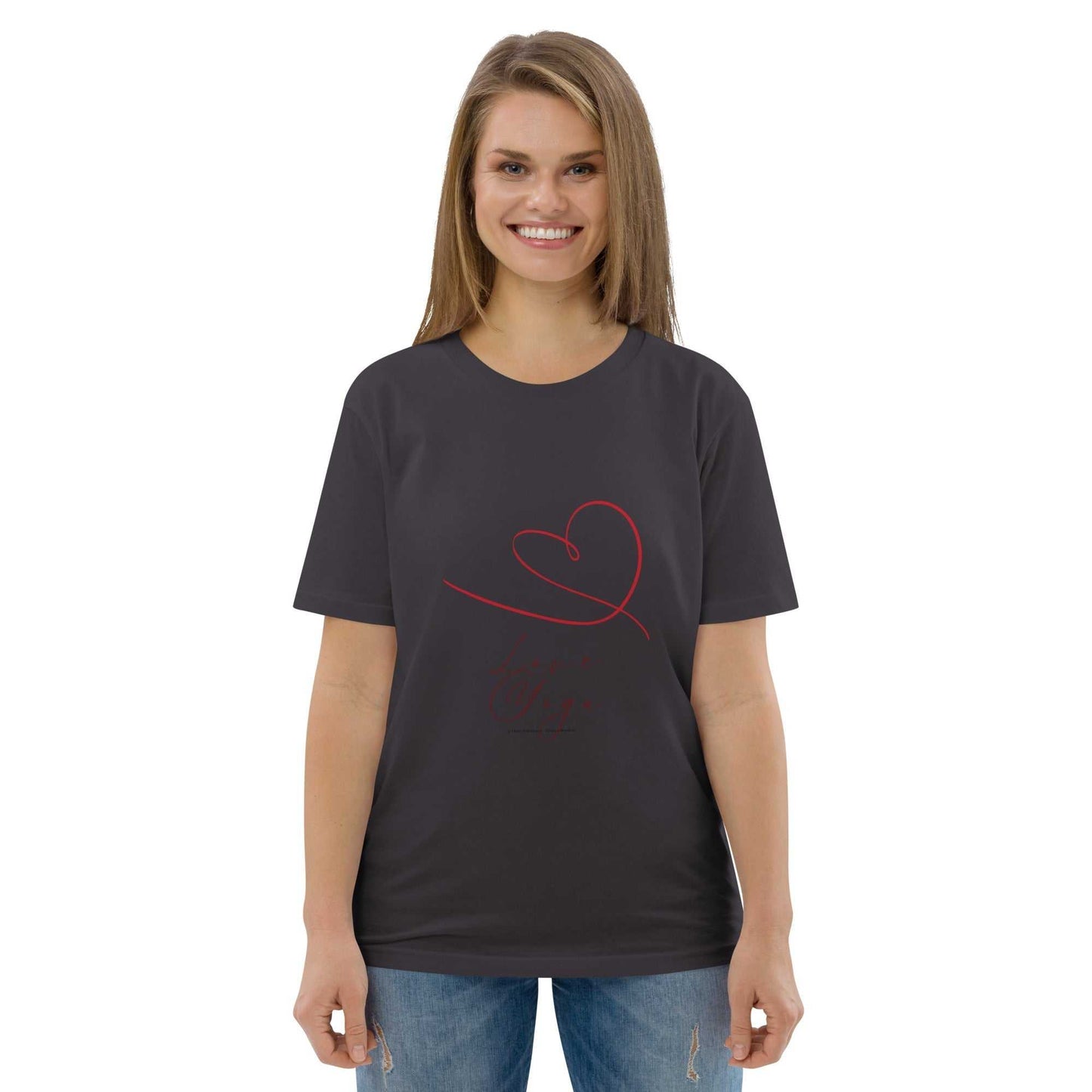Dark gray Love Yoga Organic Cotton T-Shirt with red heart and script, GOTS certified sustainable yoga clothing.