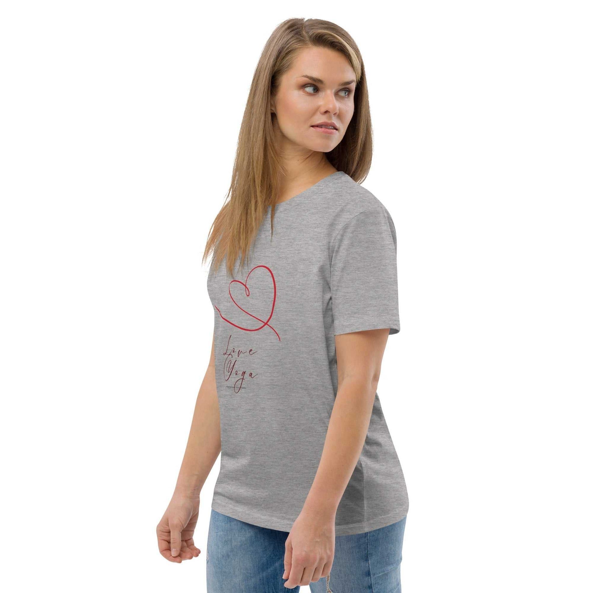 Heather gray Love Yoga Organic Cotton T-Shirt with red heart motif. Ethical yoga top crafted from GOTS certified cotton.