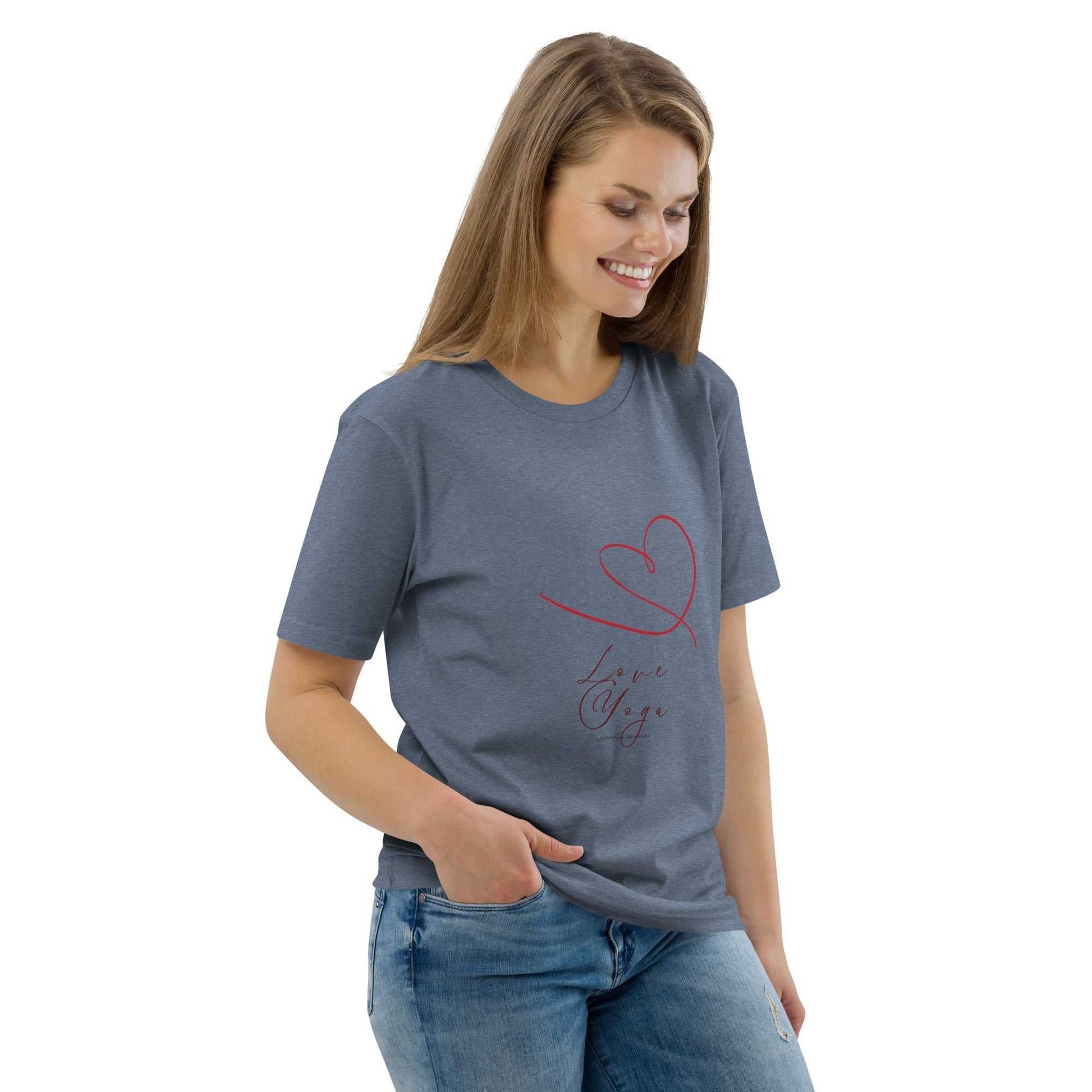 Love Yoga Organic Cotton T-Shirt in denim blue with red heart design. Organic cotton yoga top for eco-conscious activewear lovers.
