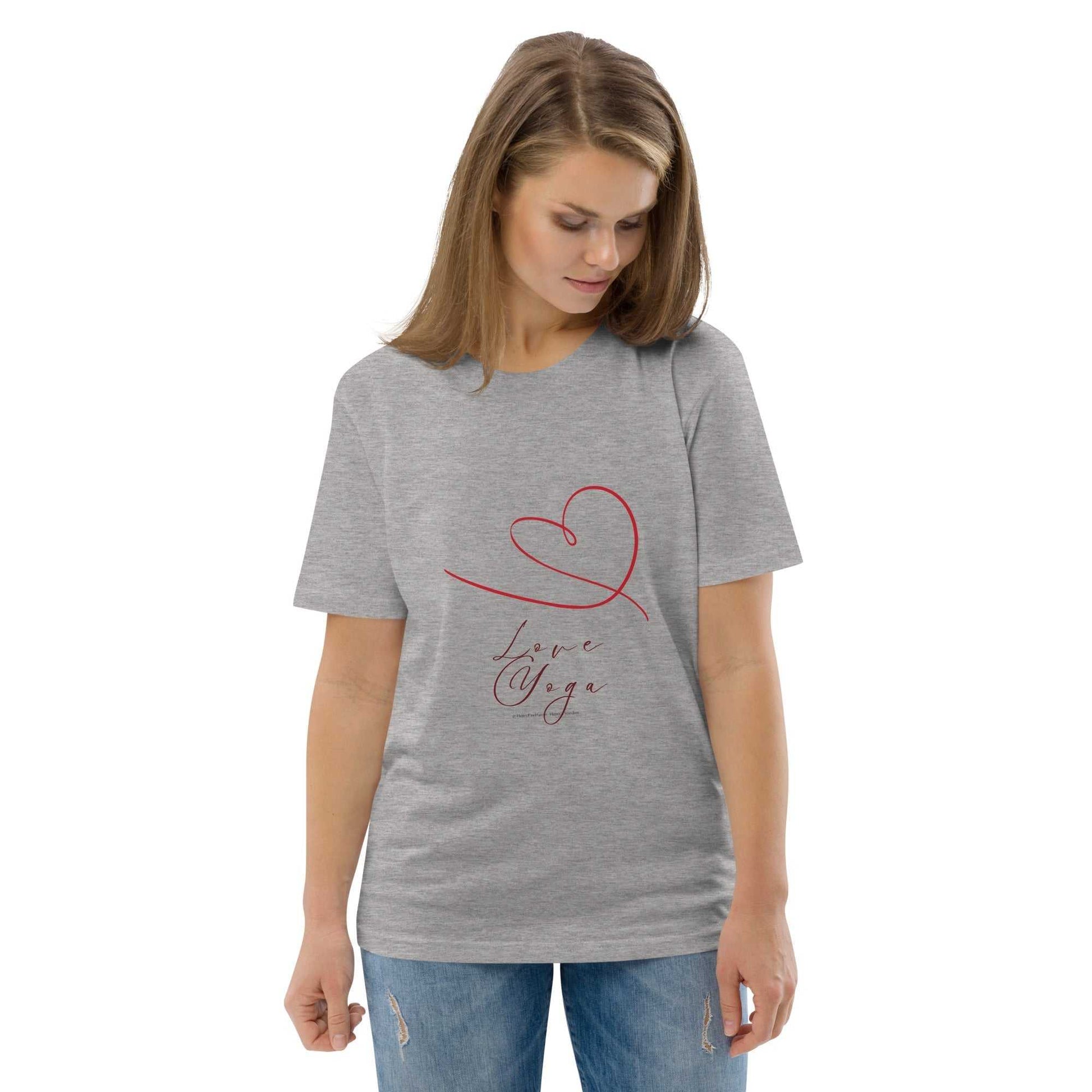 Love Yoga Organic Cotton T-Shirt in heather gray with red heart design. GOTS certified sustainable yoga apparel for mindful lifestyles.
