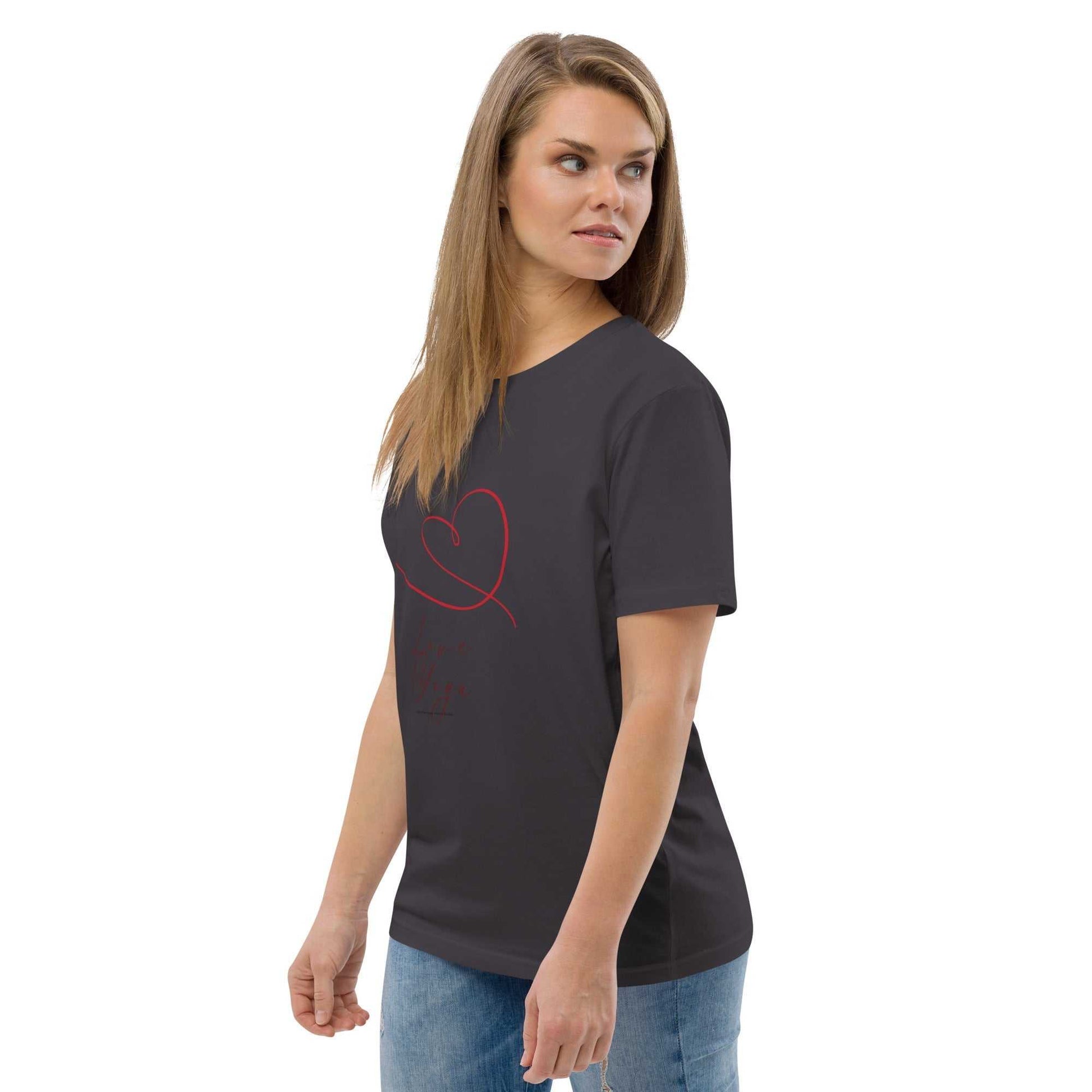 Dark gray Love Yoga Organic Cotton T-Shirt with red heart design. GOTS certified eco-conscious yoga clothing for women.