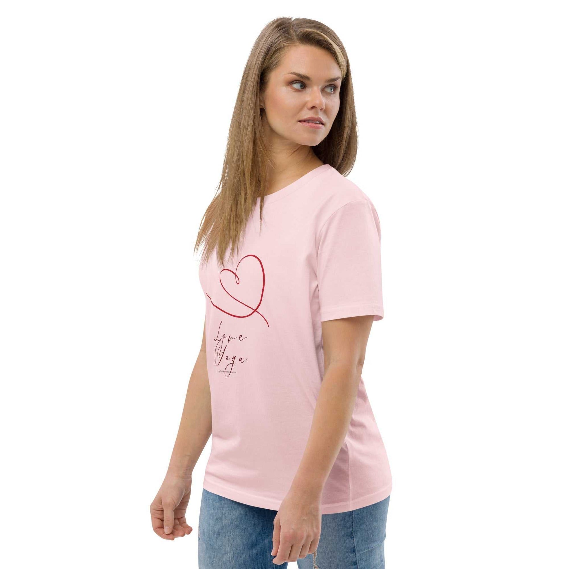 Light pink Love Yoga Organic Cotton T-Shirt with red heart print. GOTS certified sustainable yoga top for everyday wear.