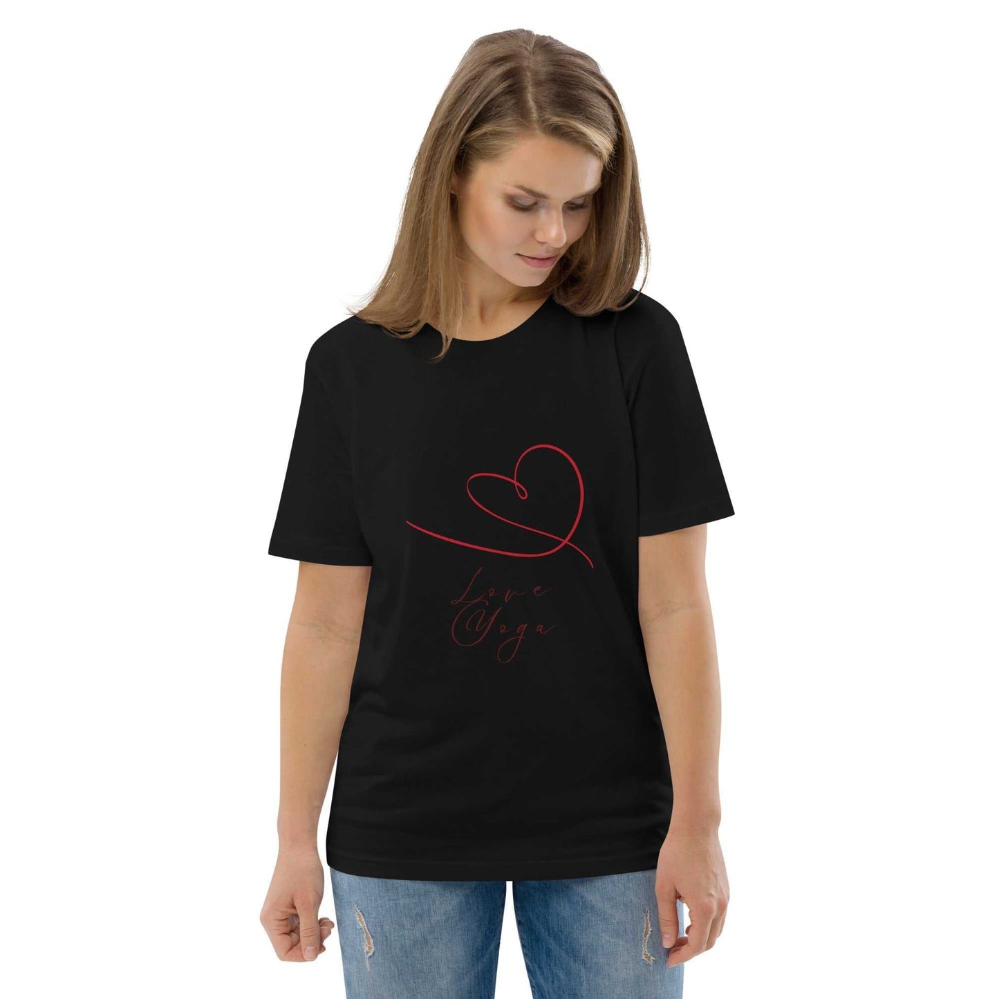 Black Love Yoga Organic Cotton T-Shirt shown in side pose, red heart design on sustainable yoga apparel.