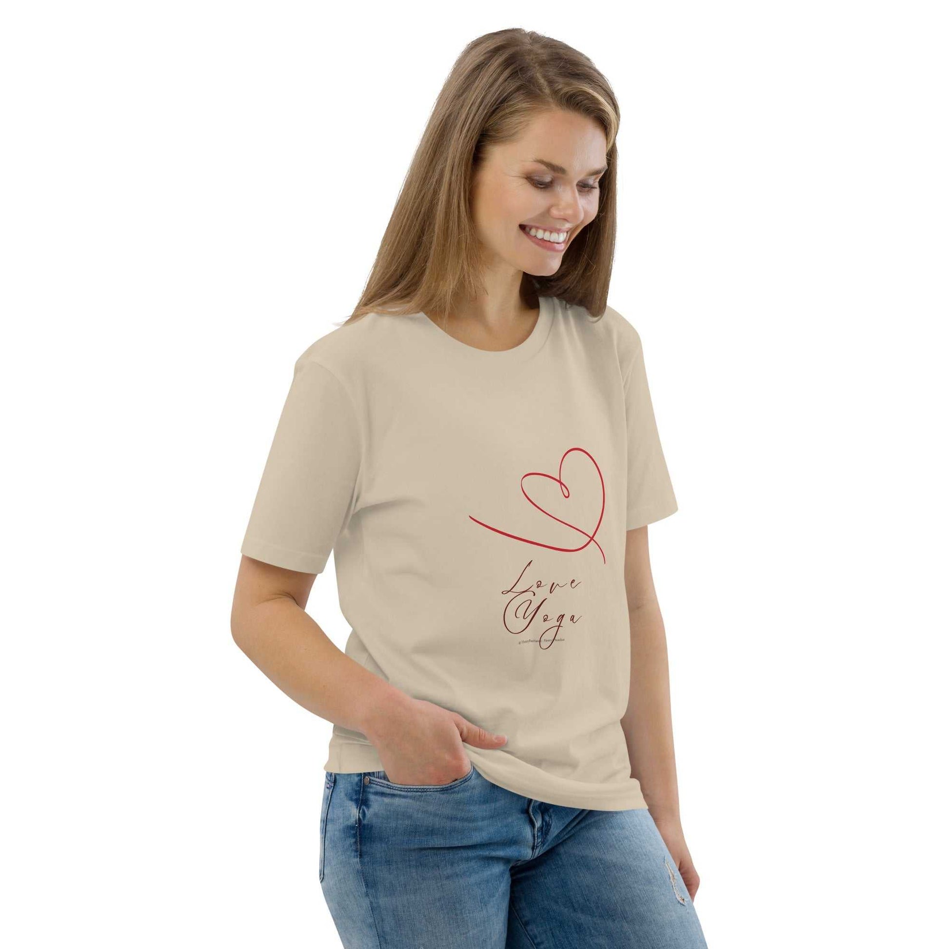 Love Yoga Organic Cotton T-Shirt in beige with red heart design. GOTS certified eco-friendly yoga apparel for everyday comfort.