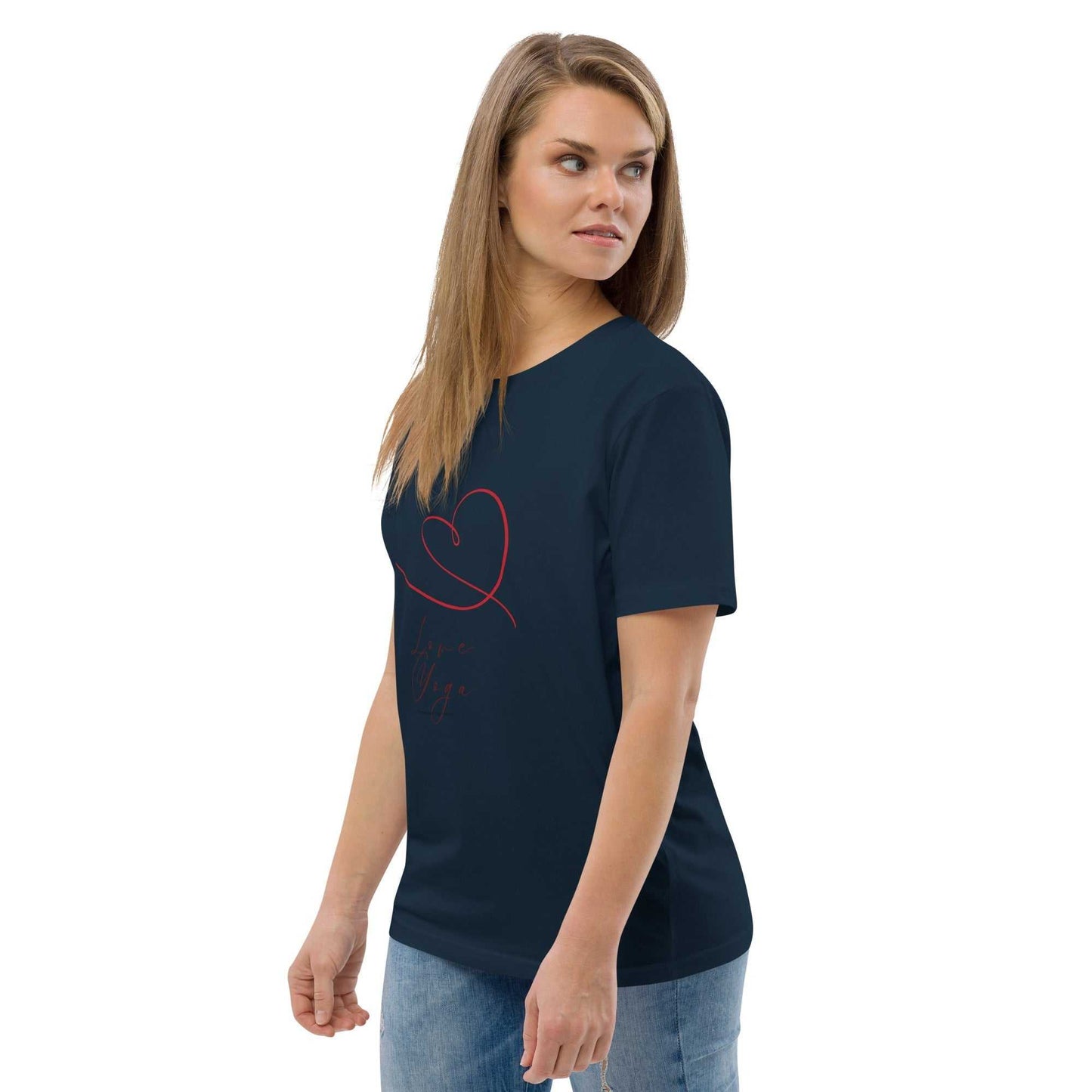 Love Yoga Organic Cotton T-Shirt in navy blue featuring red heart artwork. Eco-friendly yoga top made from GOTS certified cotton.