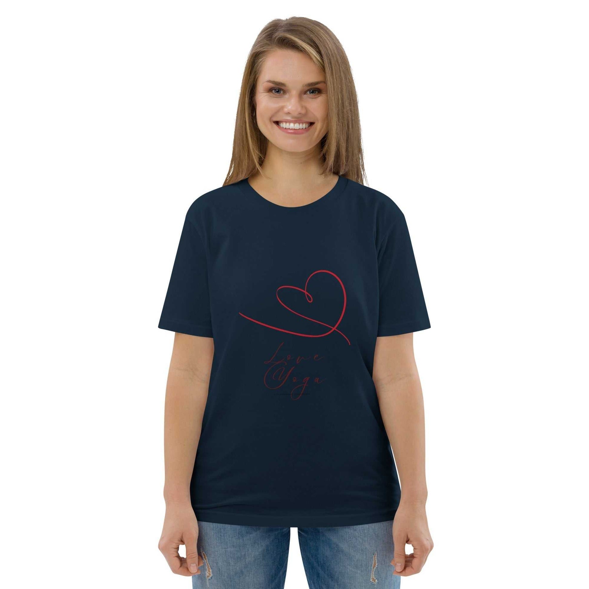 Navy Love Yoga Organic Cotton T-Shirt with red heart design, sustainable GOTS certified yoga apparel for active lifestyles.