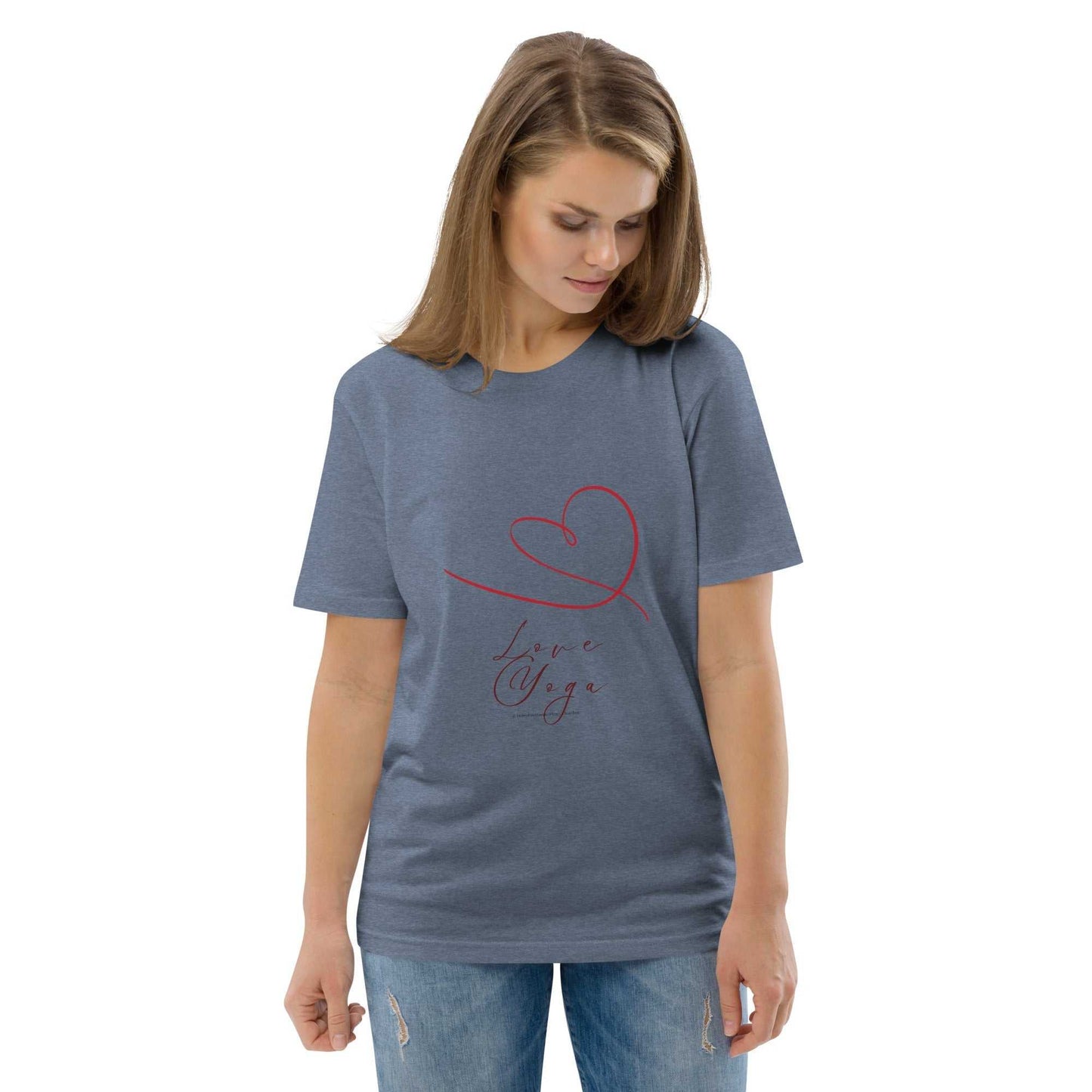 Heather blue Love Yoga Organic Cotton T-Shirt side pose with red heart design, sustainable and stylish yoga top.
