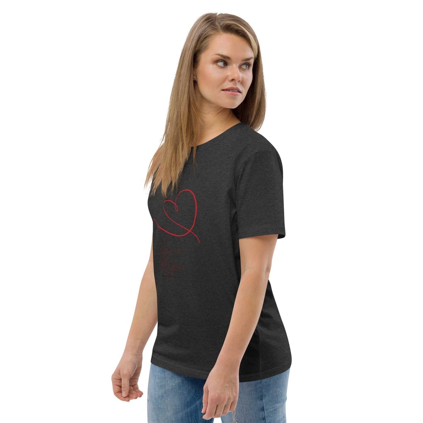 Charcoal Love Yoga Organic Cotton T-Shirt with minimalist red heart print. Sustainable yoga apparel for conscious living.