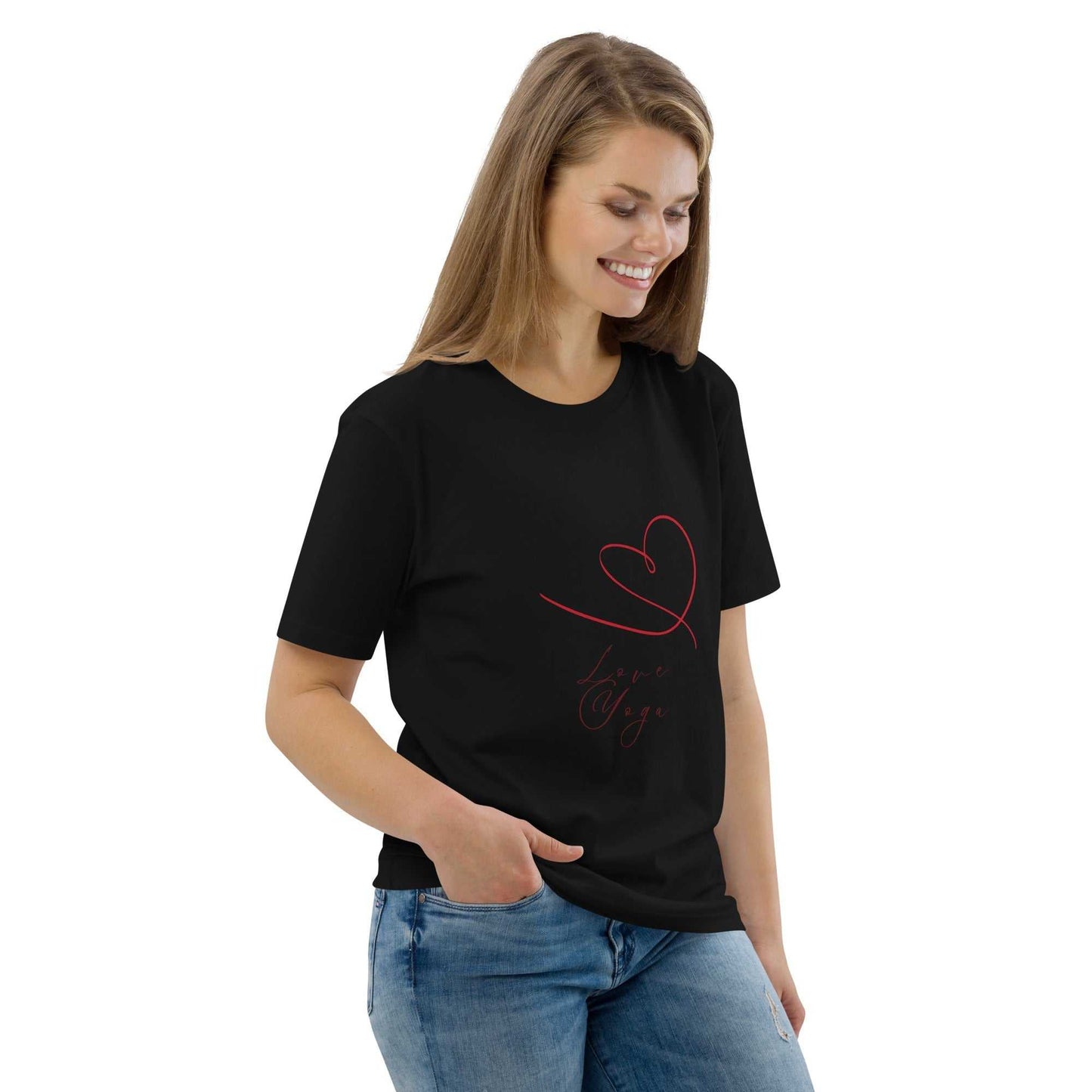 Love Yoga Organic Cotton T-Shirt in black with red heart design. Stylish and eco-conscious yoga apparel for active lifestyles.