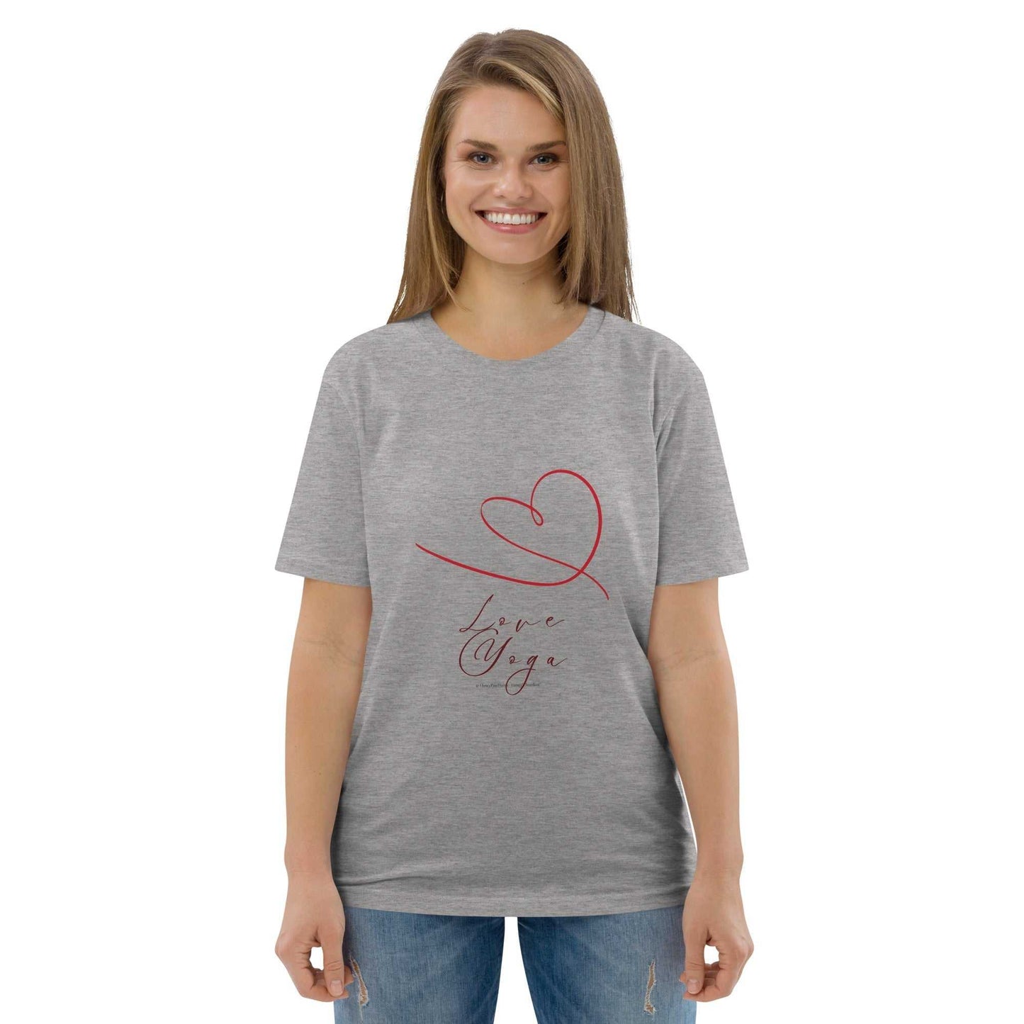 Heather gray Love Yoga Organic Cotton T-Shirt with red heart and script, sustainable and stylish yoga apparel.